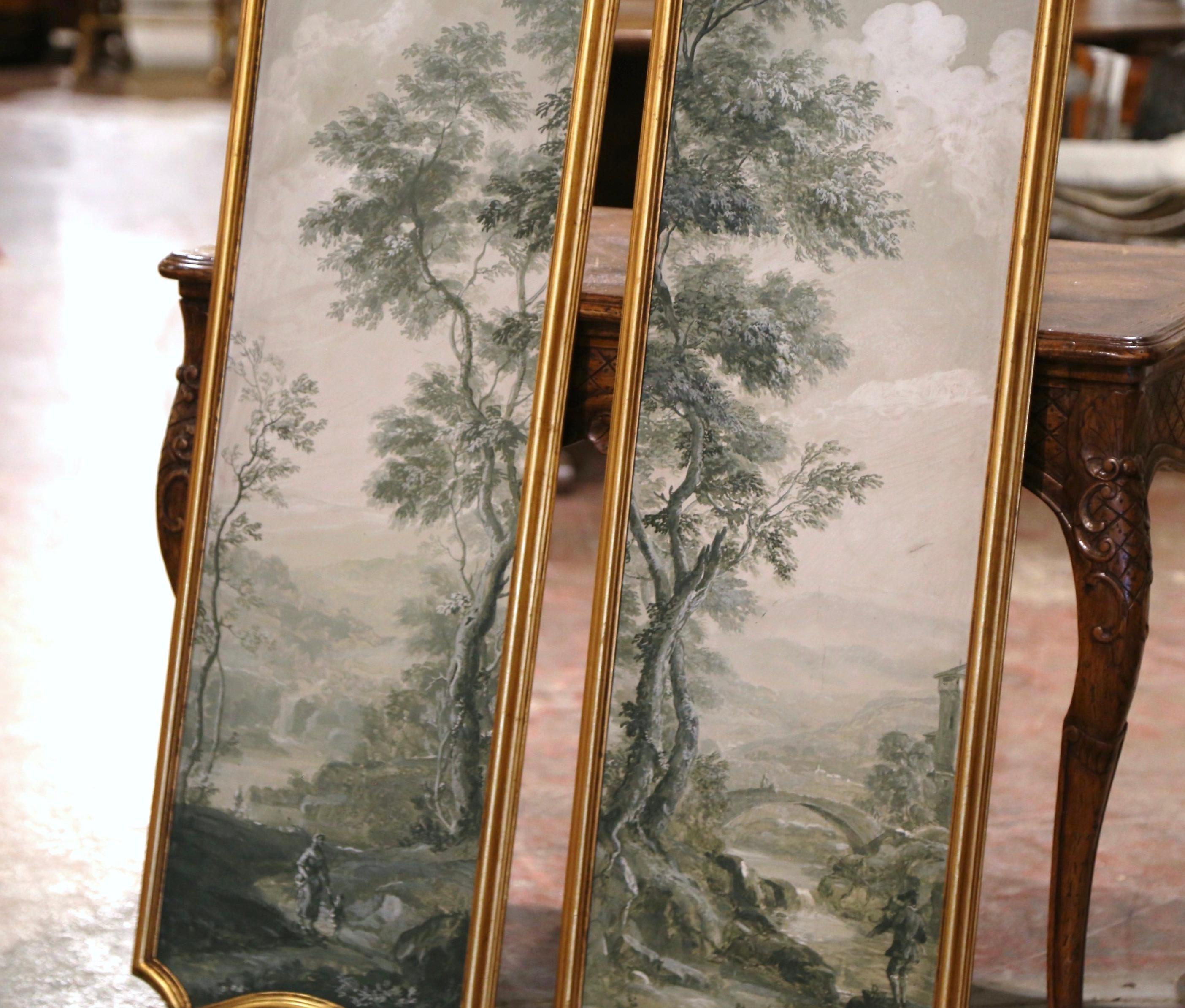 Pair of Midcentury Italian Hand Painted Gilt Framed Wood Panels 1