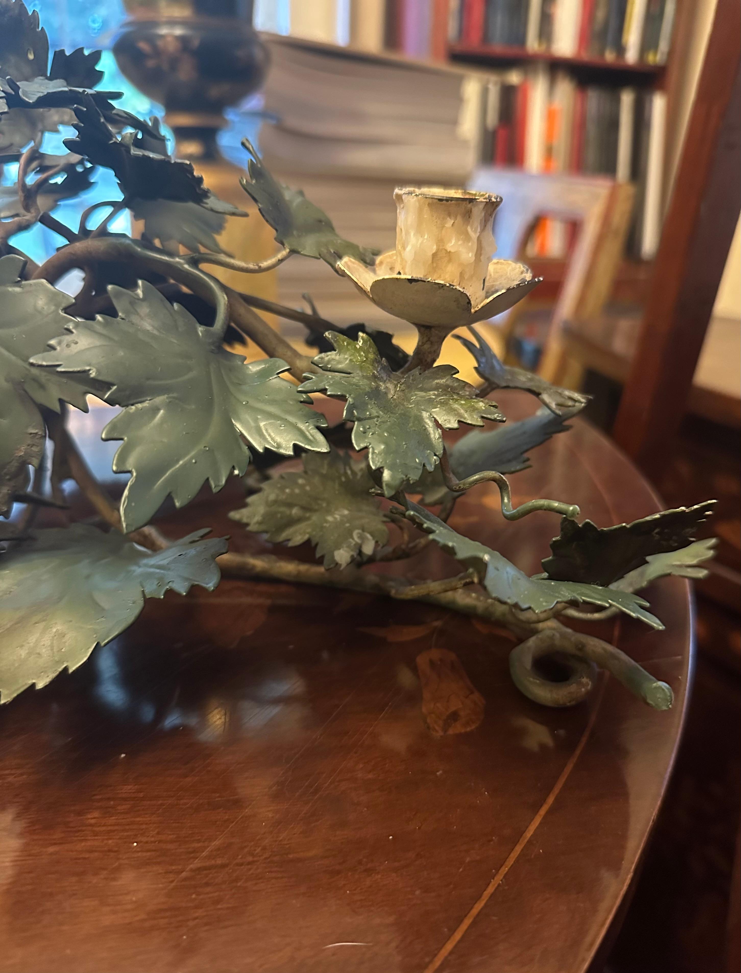 Pair of Mid-Century Italian Hand Painted Tole Ivy 2-Cup Candleholders. For Sale 3