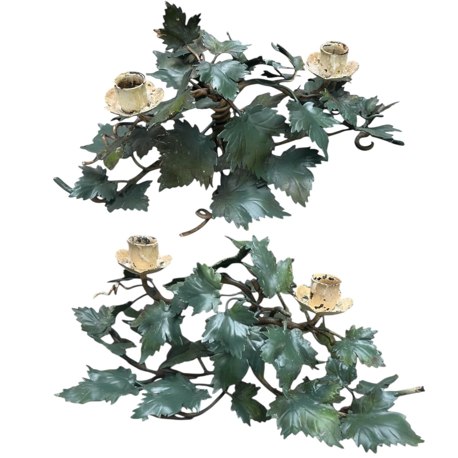 Pair of Mid-Century Italian Hand Painted Tole Ivy 2-Cup Candleholders. For Sale 4