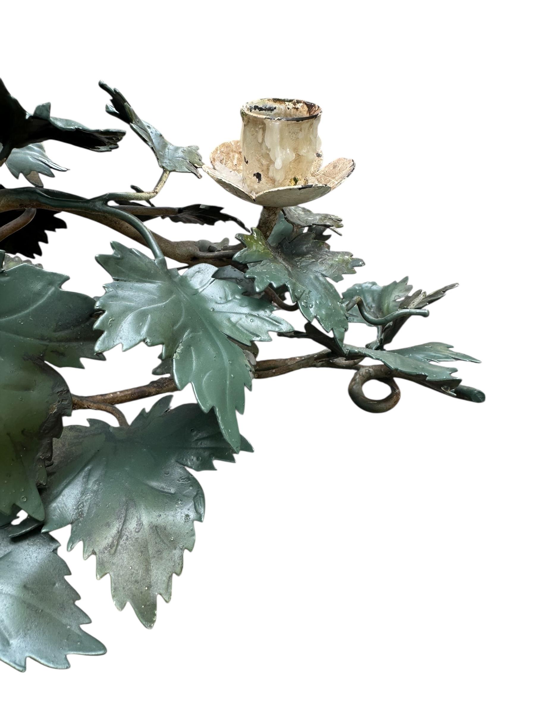 Pair of Mid-Century Italian Hand Painted Tole Ivy 2-Cup Candleholders. For Sale 5