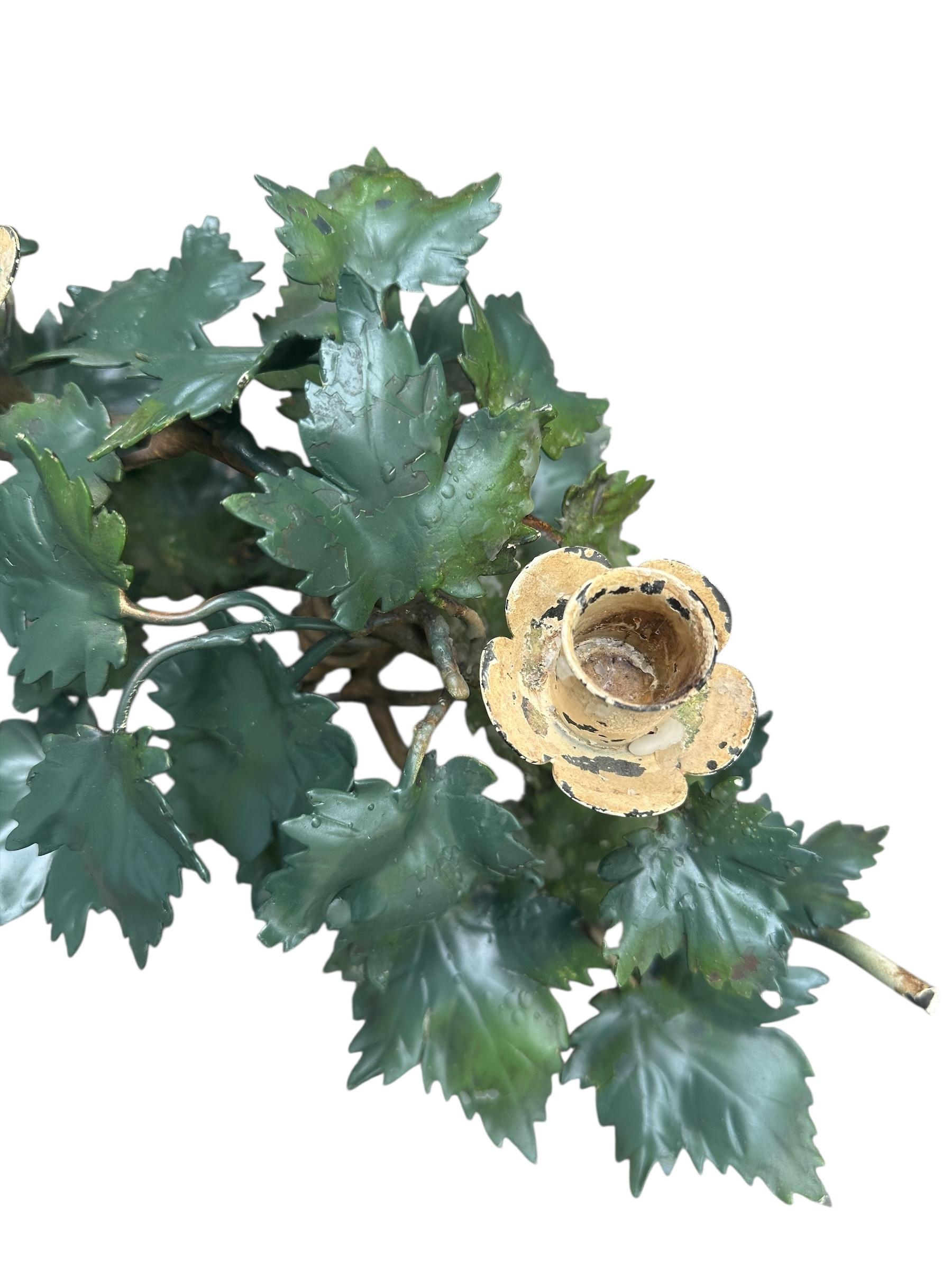 Pair of Mid-Century Italian Hand Painted Tole Ivy 2-Cup Candleholders. For Sale 6