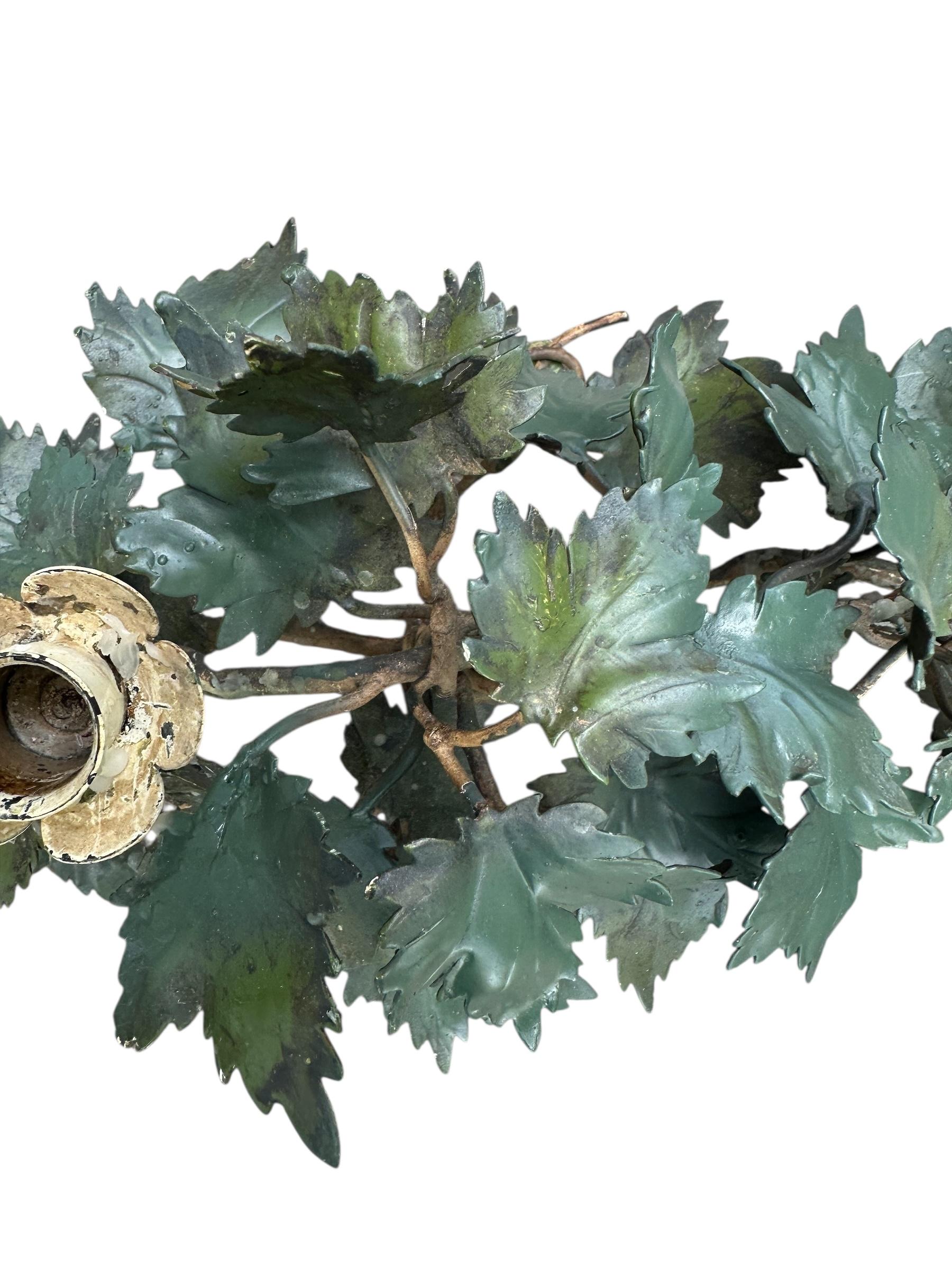 Pair of Mid-Century Italian Hand Painted Tole Ivy 2-Cup Candleholders. For Sale 7