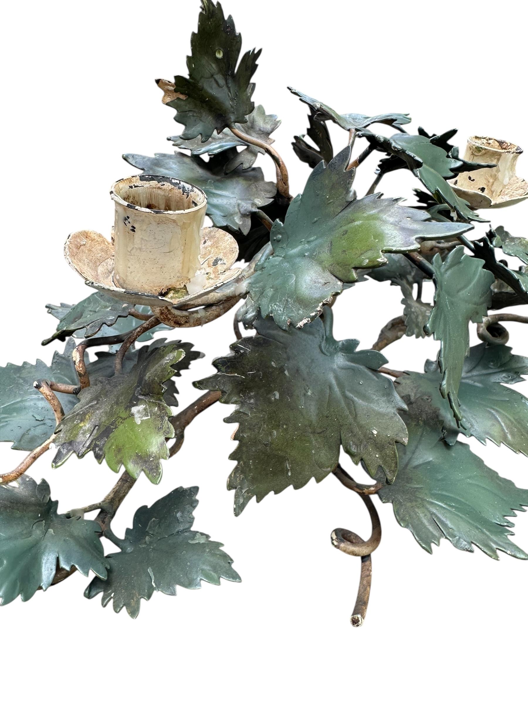Pair of Mid-Century Italian Hand Painted Tole Ivy 2-Cup Candleholders. For Sale 8