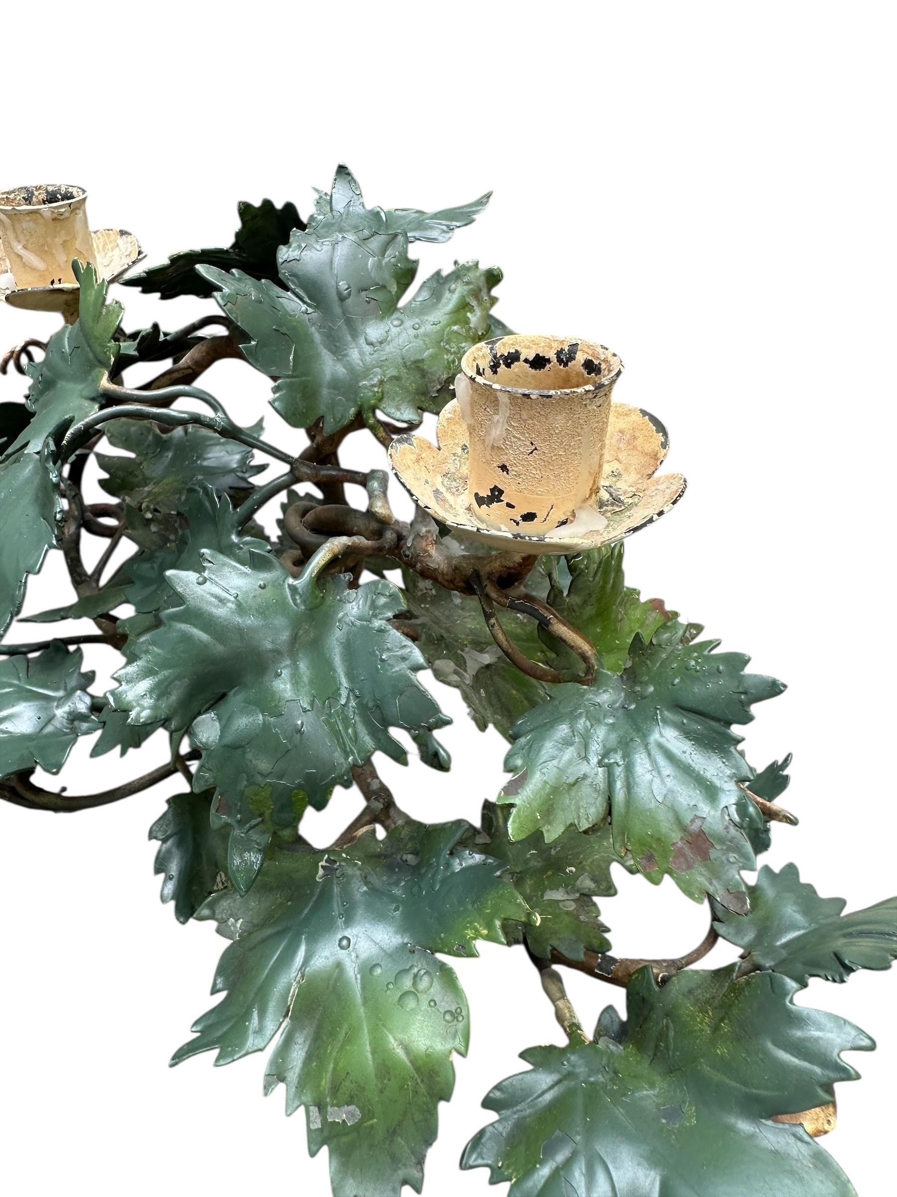 Pair of Mid-Century Italian Hand Painted Tole Ivy 2-Cup Candleholders. For Sale 9