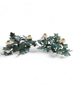 Pair of Mid-Century Italian Hand Painted Tole Ivy 2-Cup Candleholders.