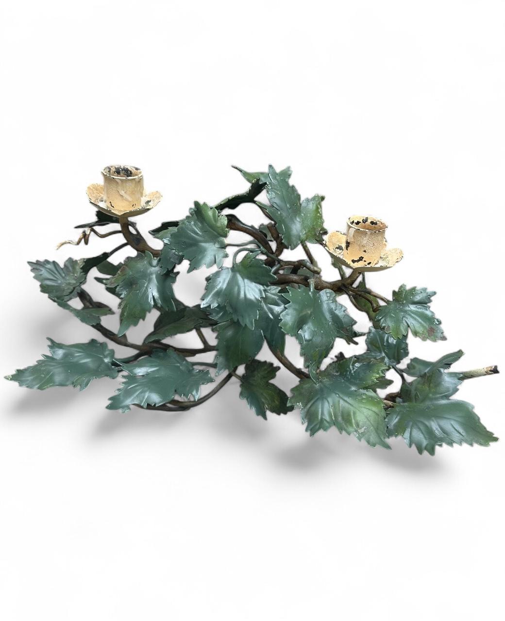 Hollywood Regency Pair of Mid-Century Italian Hand Painted Tole Ivy 2-Cup Candleholders. For Sale