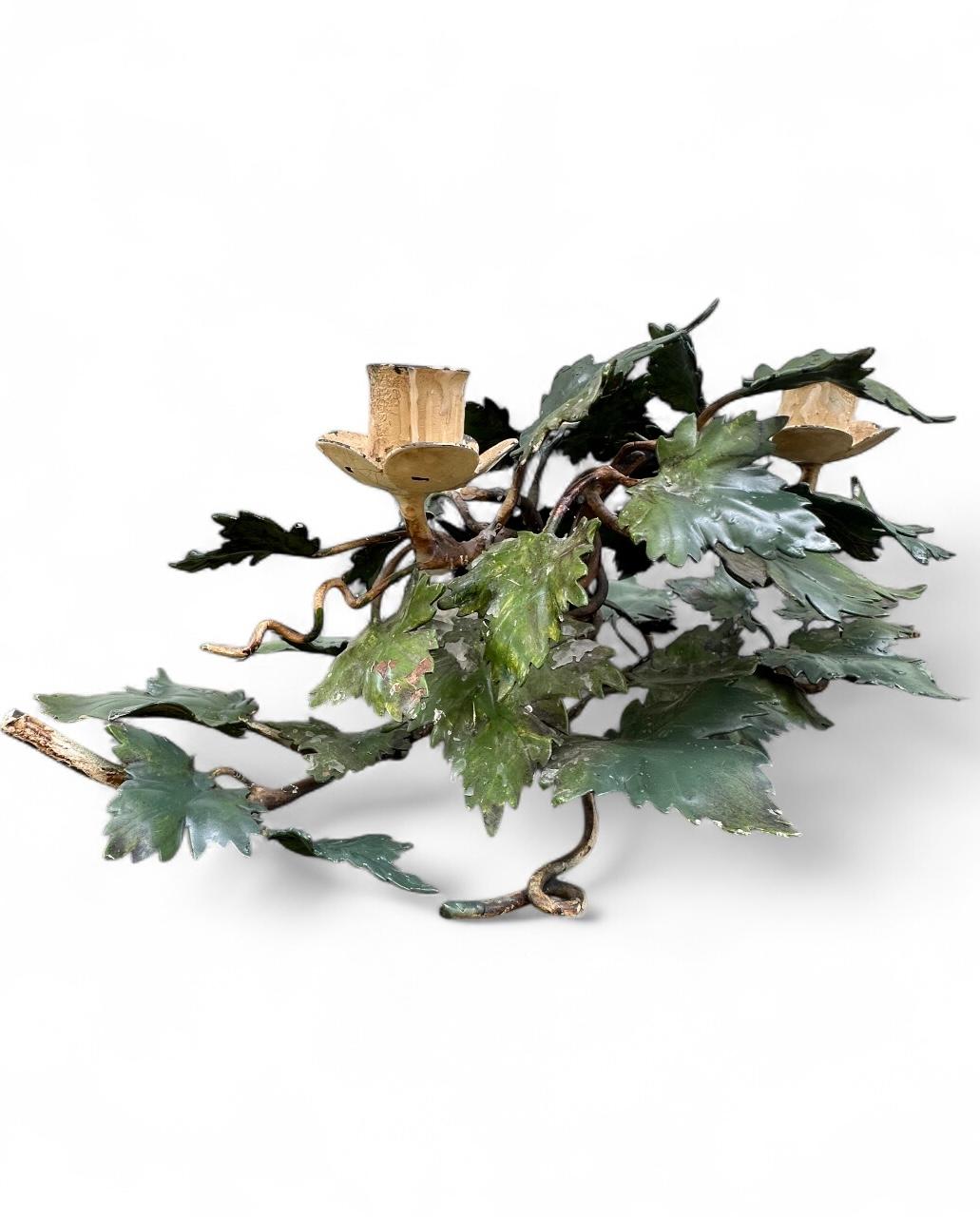 Enameled Pair of Mid-Century Italian Hand Painted Tole Ivy 2-Cup Candleholders. For Sale