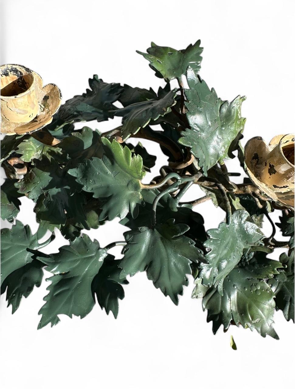 Pair of Mid-Century Italian Hand Painted Tole Ivy 2-Cup Candleholders. In Good Condition For Sale In Vero Beach, FL