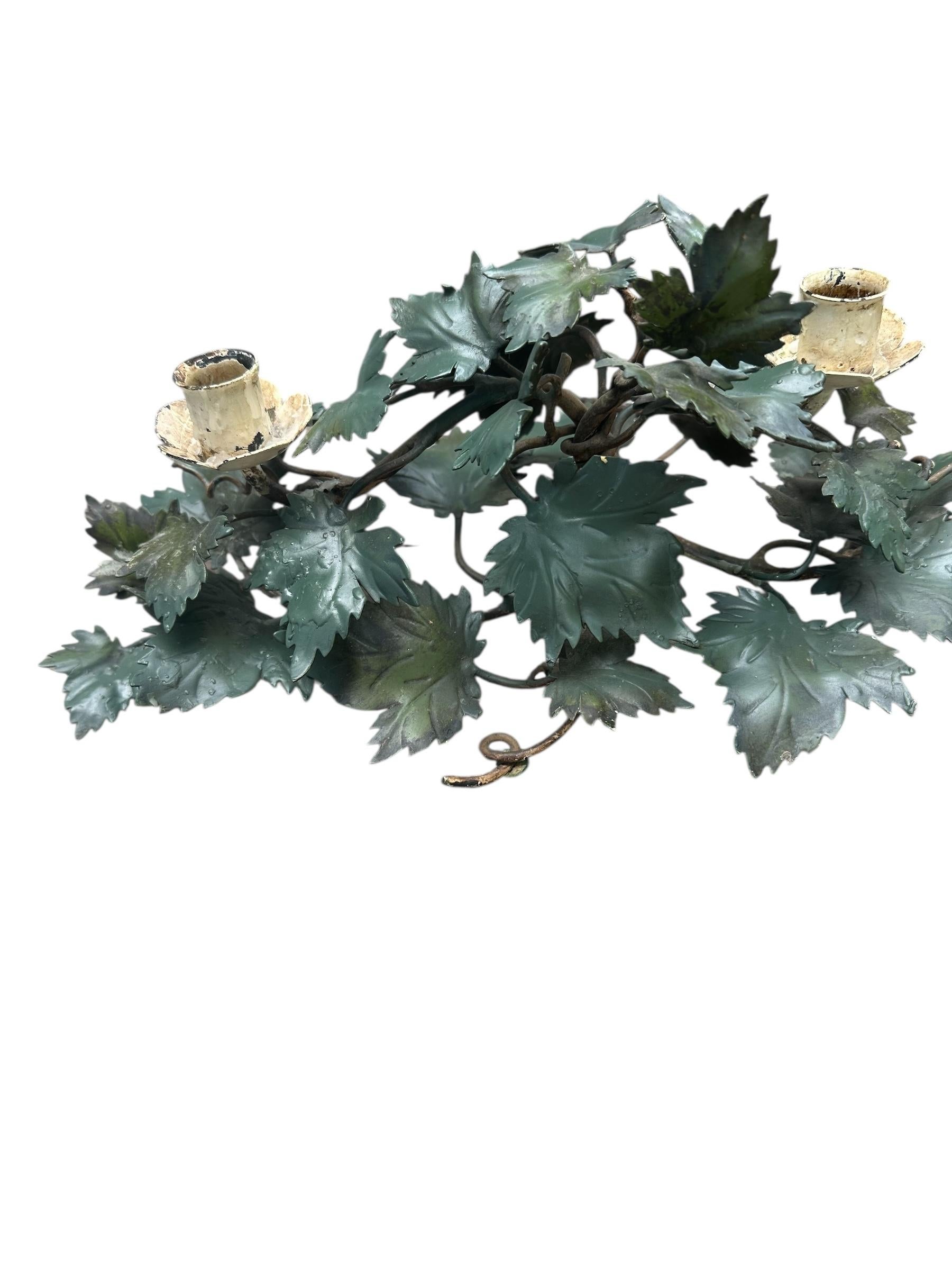 20th Century Pair of Mid-Century Italian Hand Painted Tole Ivy 2-Cup Candleholders. For Sale