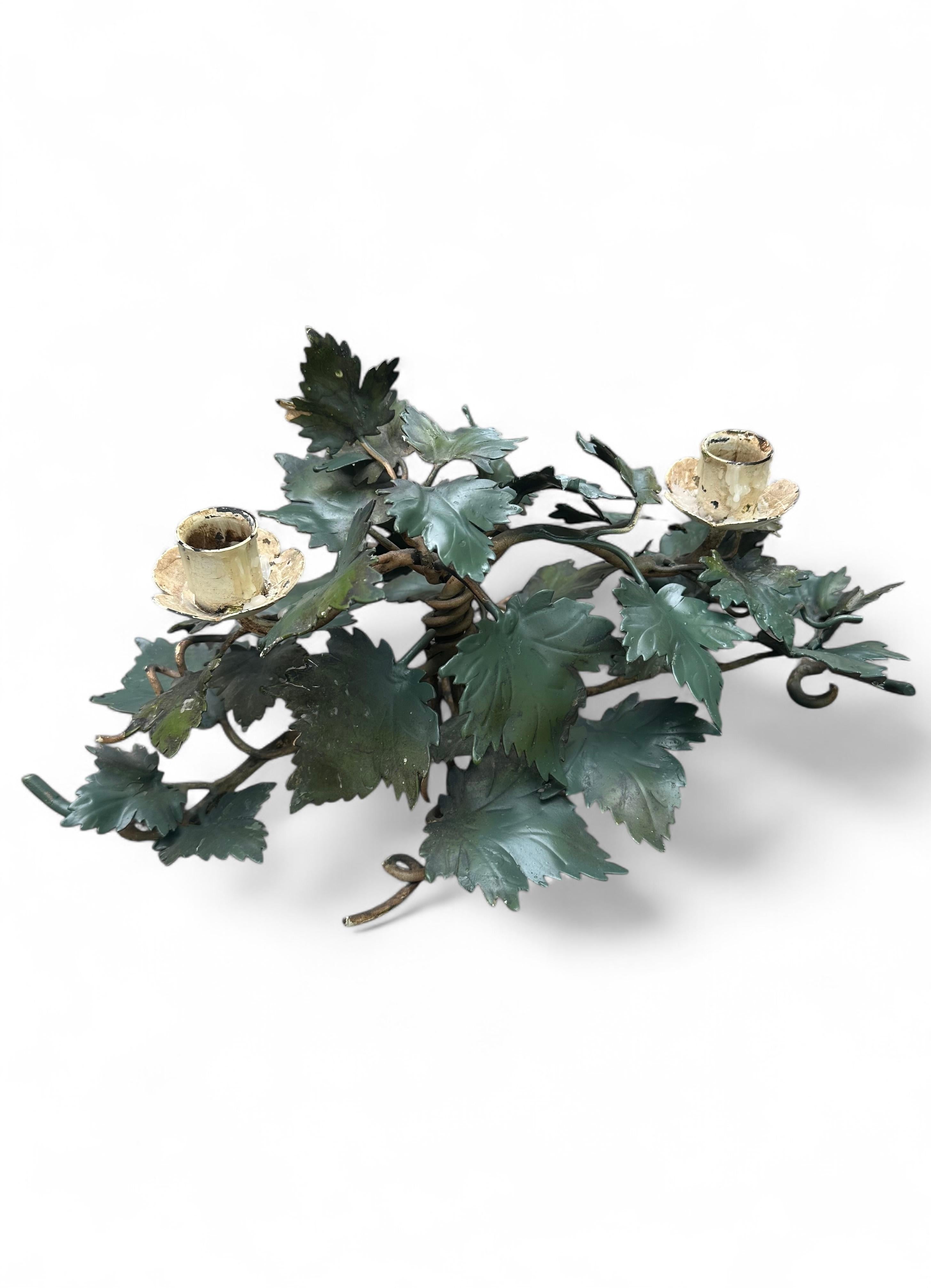 Pair of Mid-Century Italian Hand Painted Tole Ivy 2-Cup Candleholders. For Sale 1