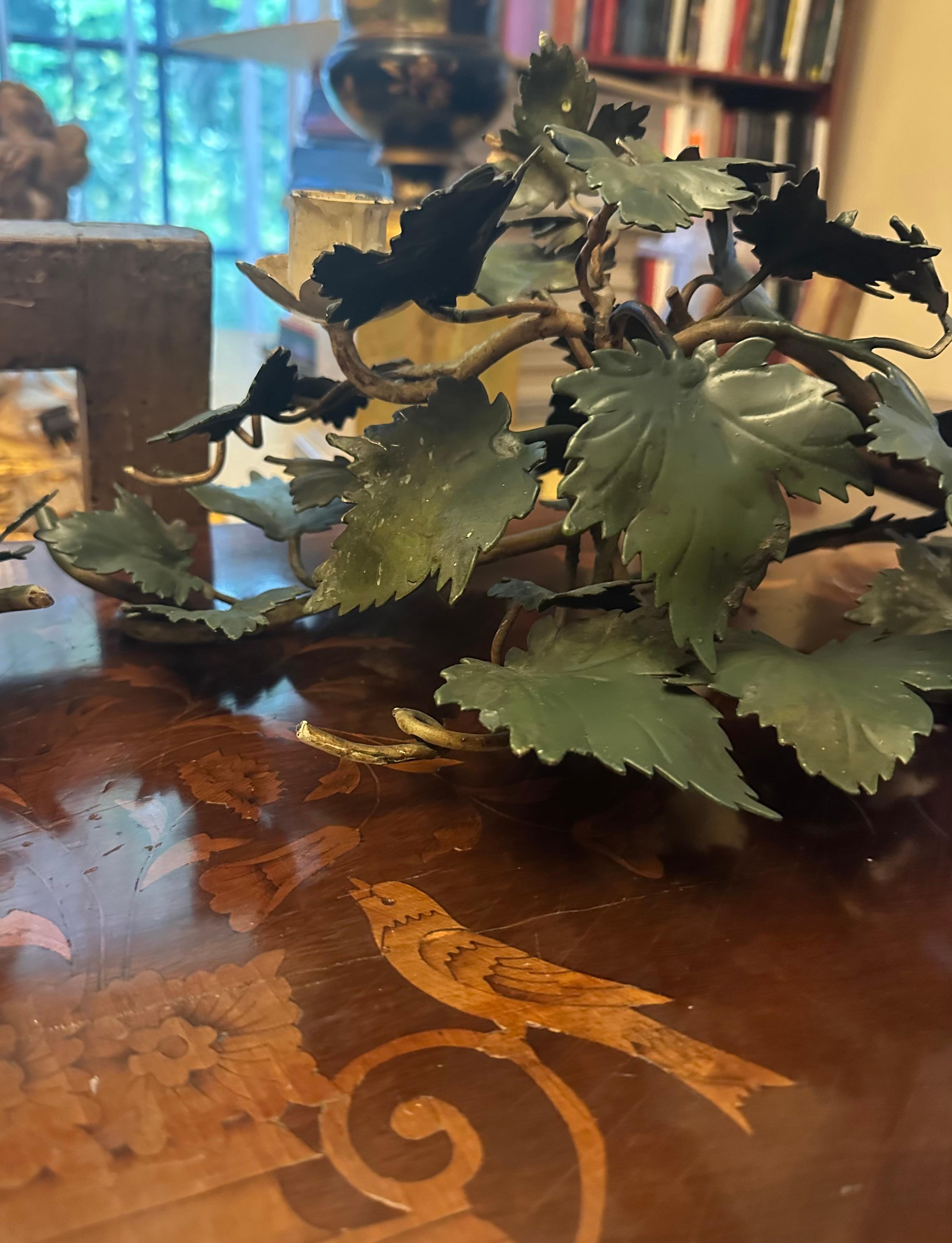 Pair of Mid-Century Italian Hand Painted Tole Ivy 2-Cup Candleholders. For Sale 2