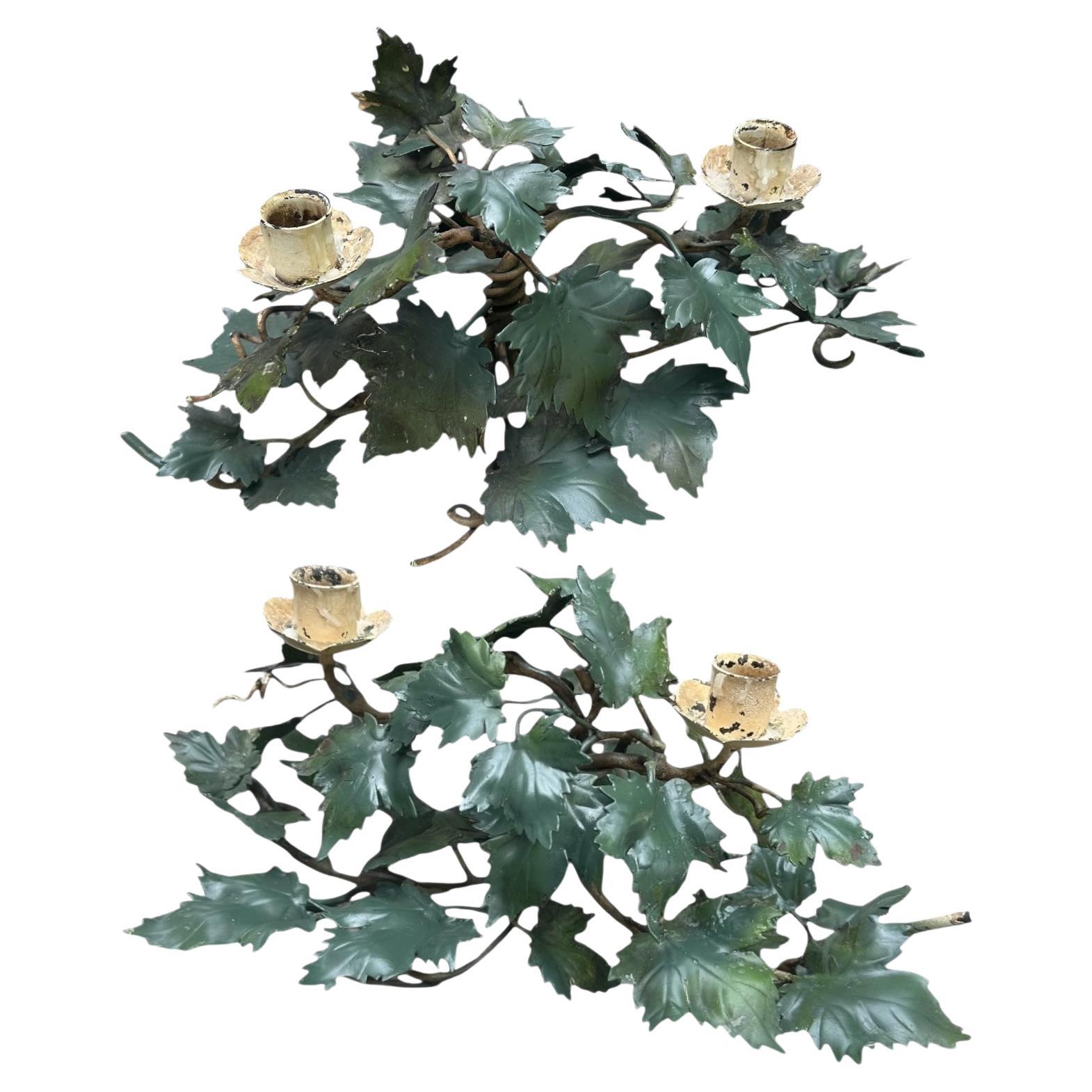 Pair of Mid-Century Italian Hand Painted Tole Ivy 2-Cup Candleholders. For Sale