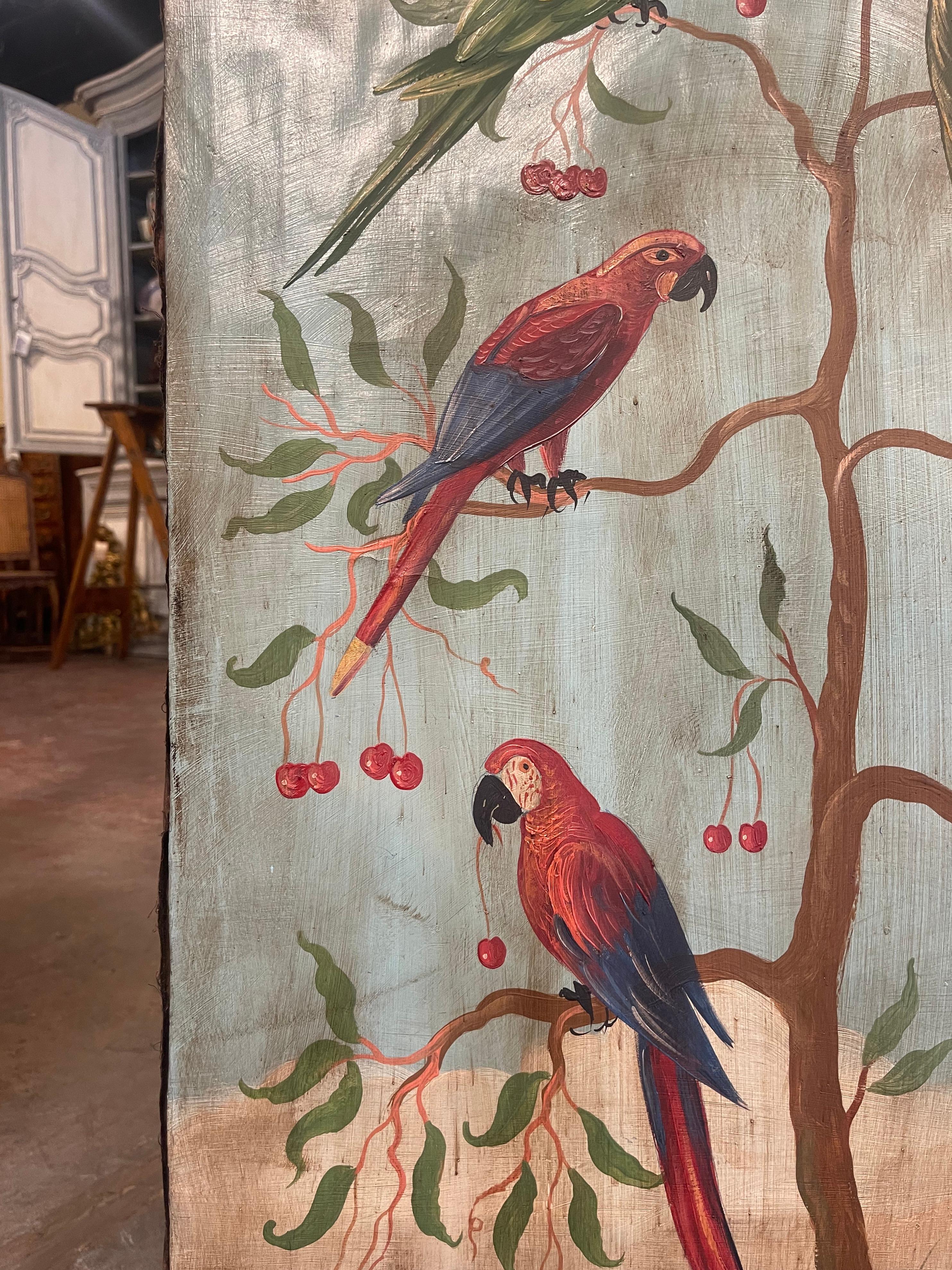 Toile Paire de panneaux d'oiseaux tropicaux sur toile peints à la main en Italie du milieu du siècle dernier en vente