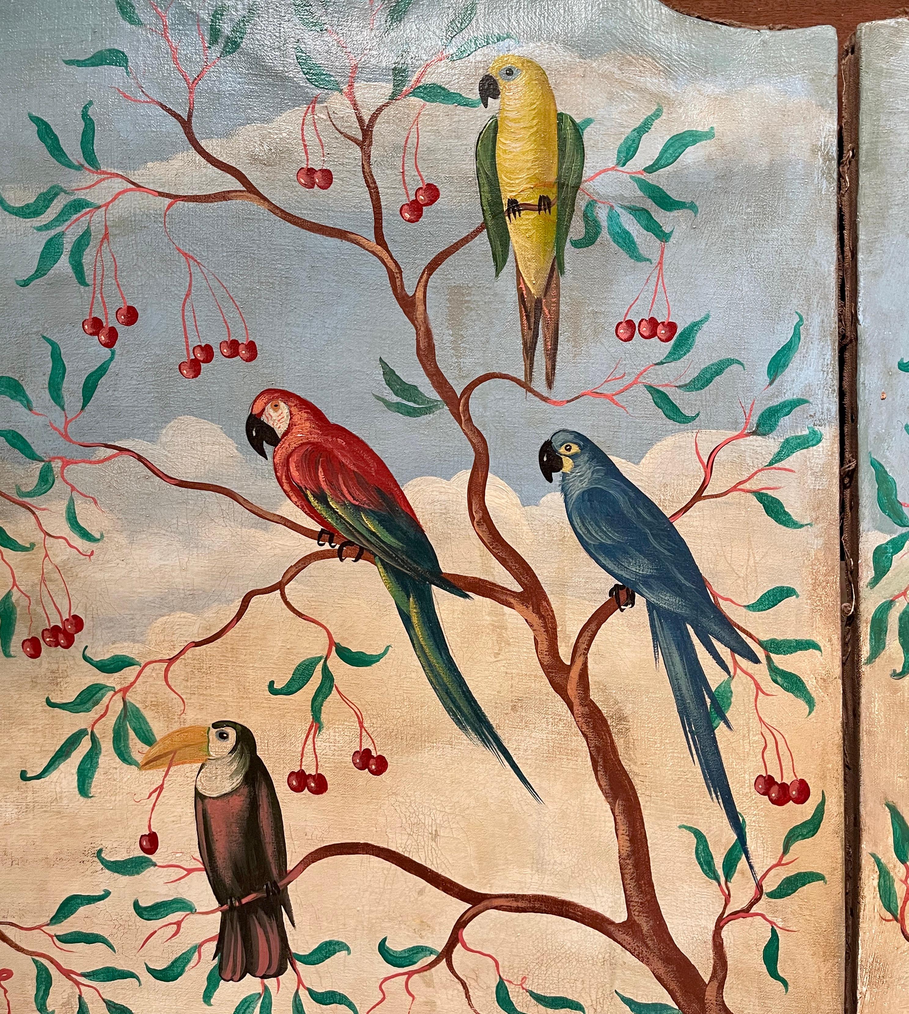 Pair of Mid Century Italian Hand Painted Tropical Bird Panels on Canvas For Sale 6