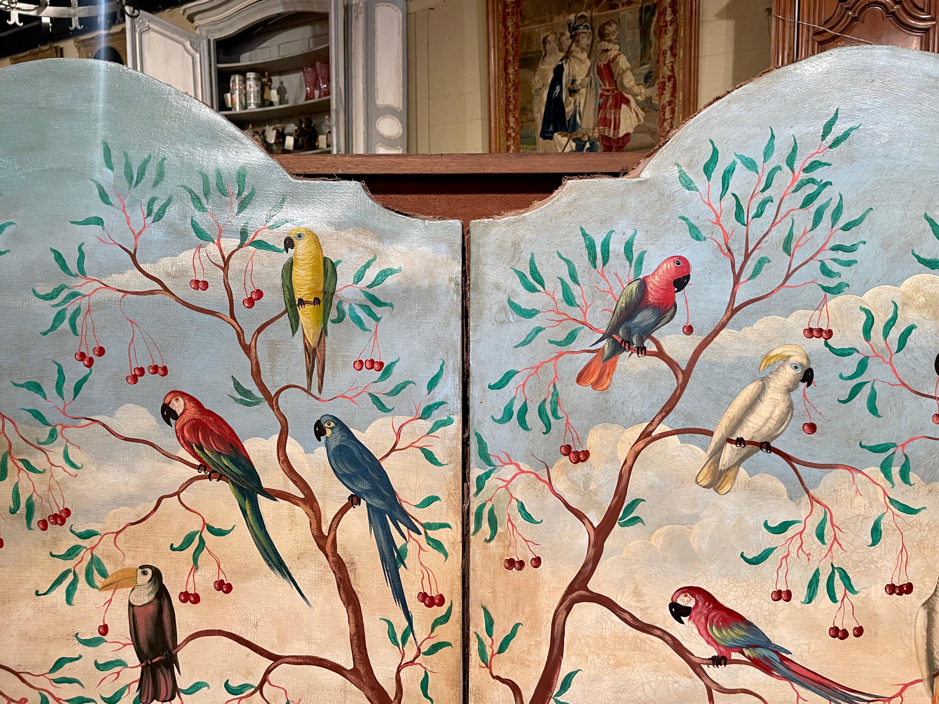 Hand-Painted Pair of Mid Century Italian Hand Painted Tropical Bird Panels on Canvas For Sale