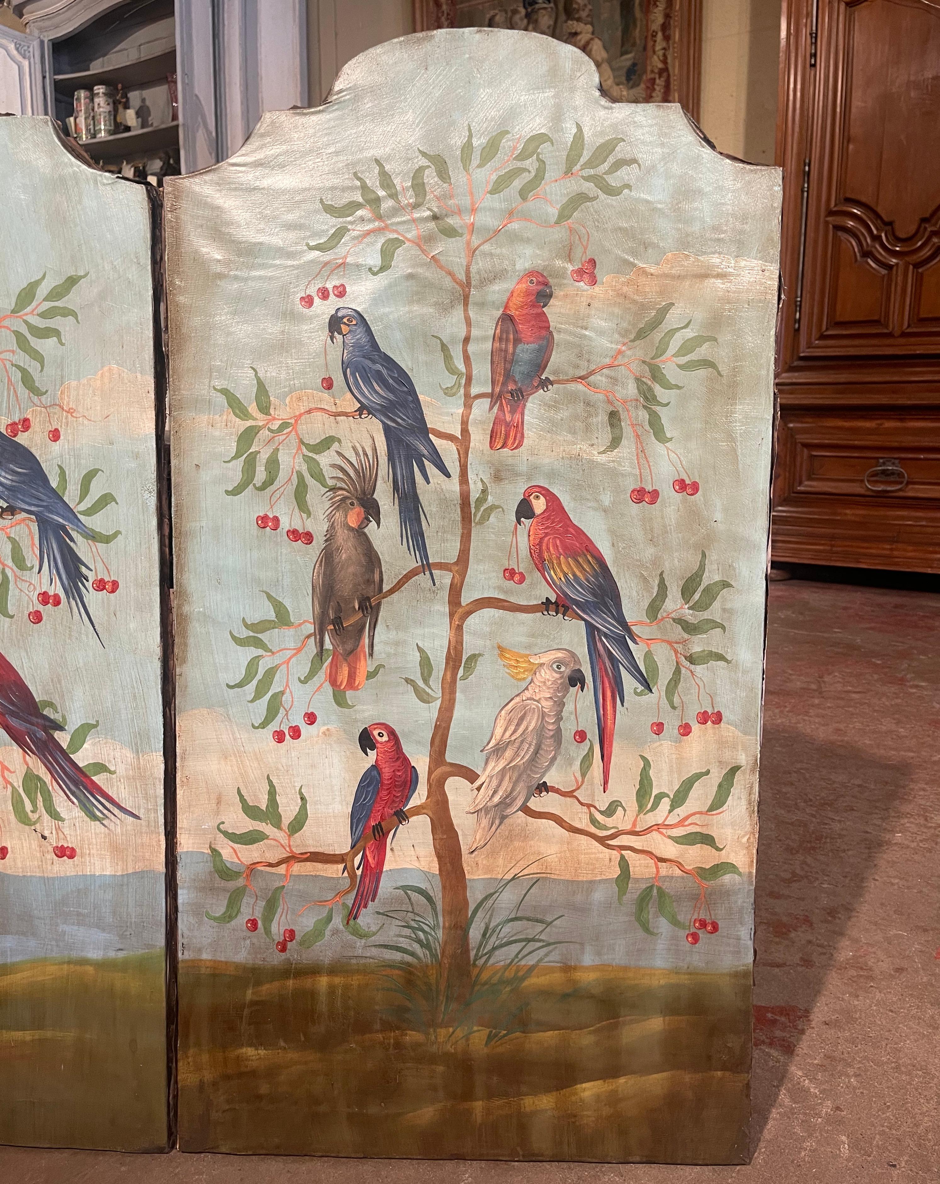 Pair of Mid-Century Italian Hand Painted Tropical Bird Panels on Canvas In Excellent Condition For Sale In Dallas, TX