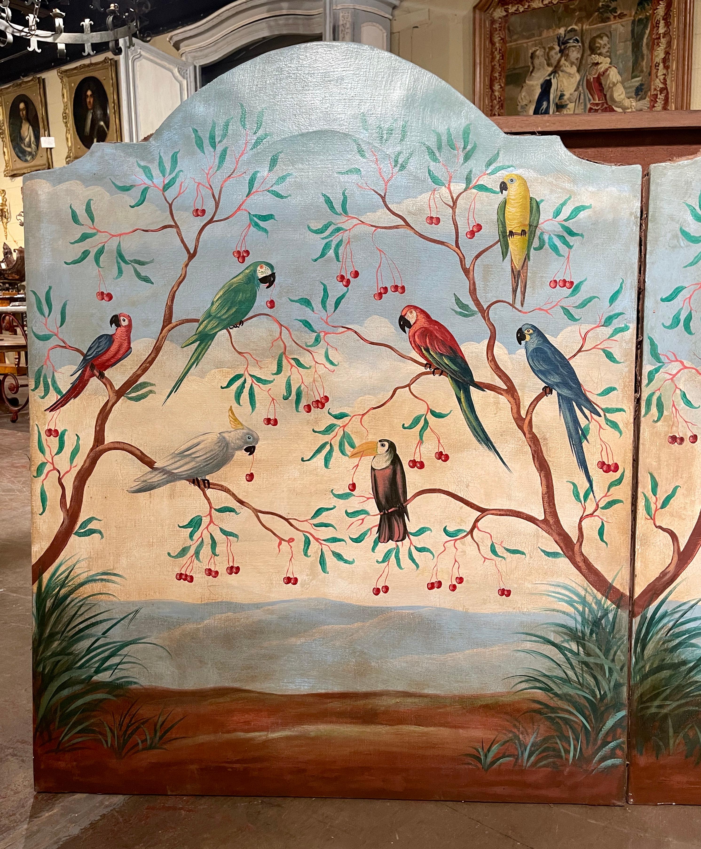 Pair of Mid Century Italian Hand Painted Tropical Bird Panels on Canvas For Sale 1