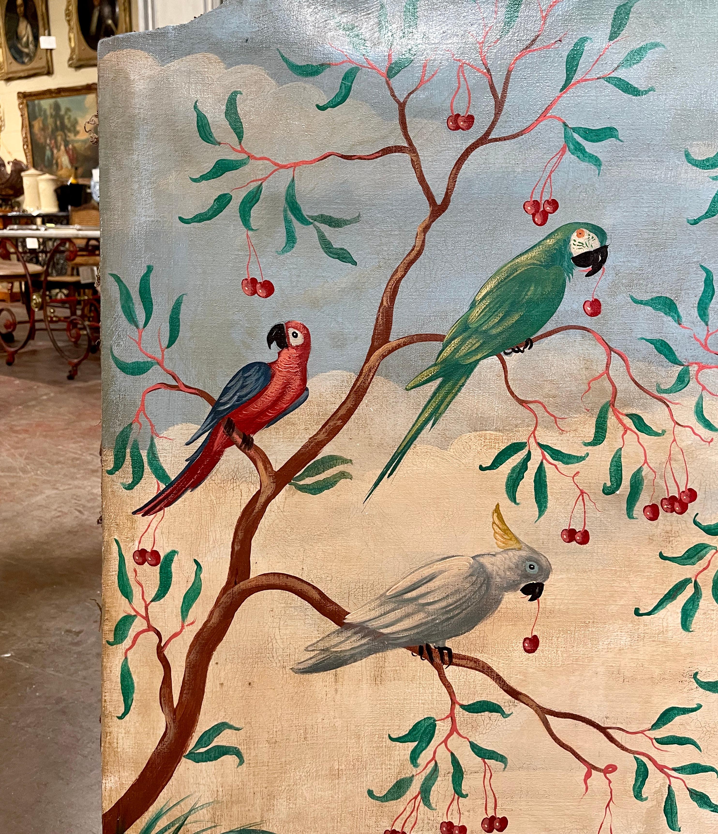 Pair of Mid Century Italian Hand Painted Tropical Bird Panels on Canvas For Sale 3