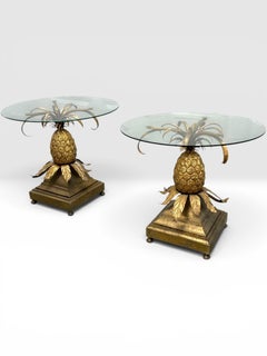 Pair of Mid-Century Italian Hollywood Regency Brass Pineapple Side Tables.