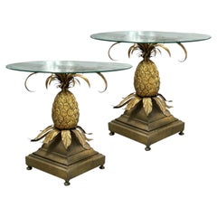 Pair of Mid-Century Italian Hollywood Regency Brass Pineapple Side Tables.