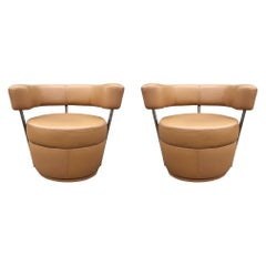 Pair of Mid-Century Italian Leather Post Modern Swivel Lounge Chairs by Carsons