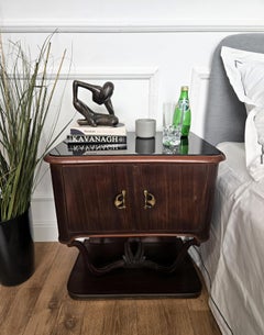 Pair of Mid-Century Italian Liberty Night Stands Bedside Tables Walnut Glass Top