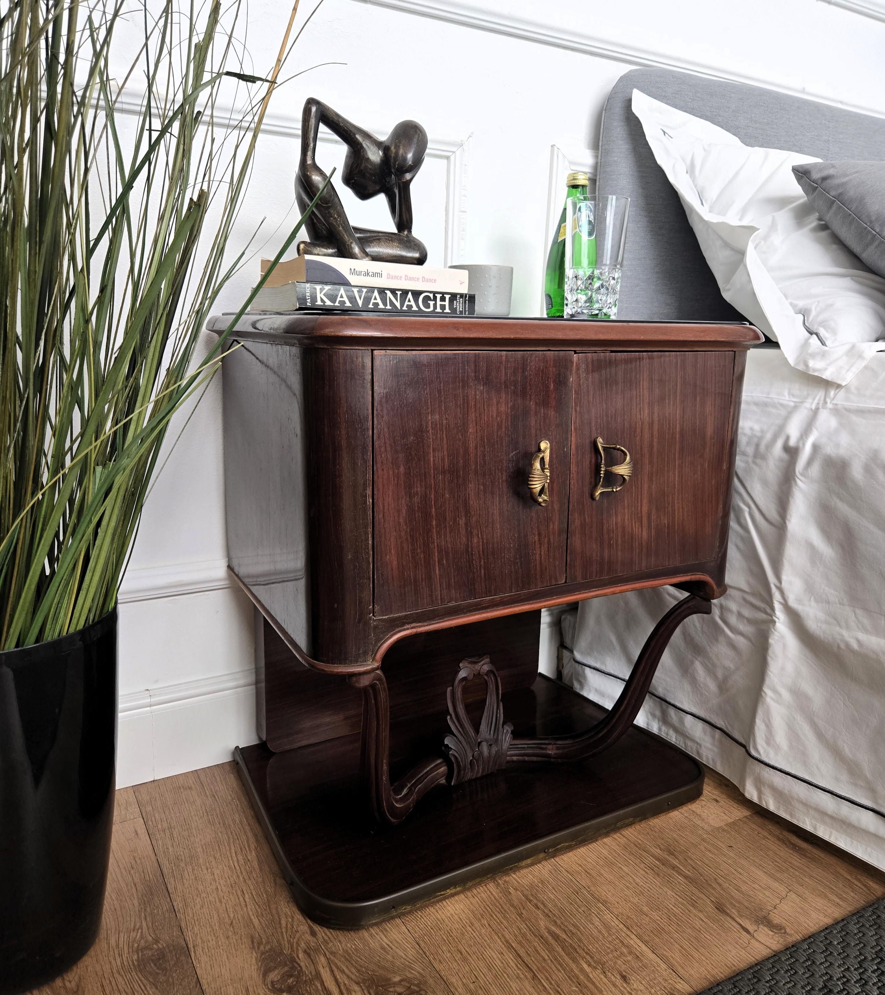 Art Nouveau Pair of Mid-Century Italian Liberty Night Stands Bedside Tables Walnut Glass Top For Sale