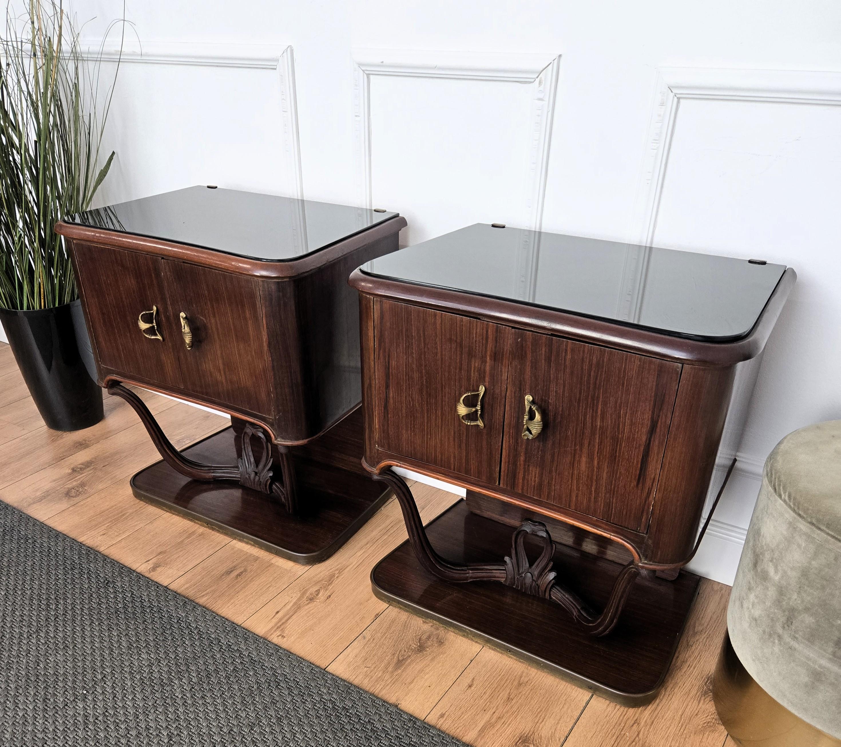 20th Century Pair of Mid-Century Italian Liberty Night Stands Bedside Tables Walnut Glass Top For Sale