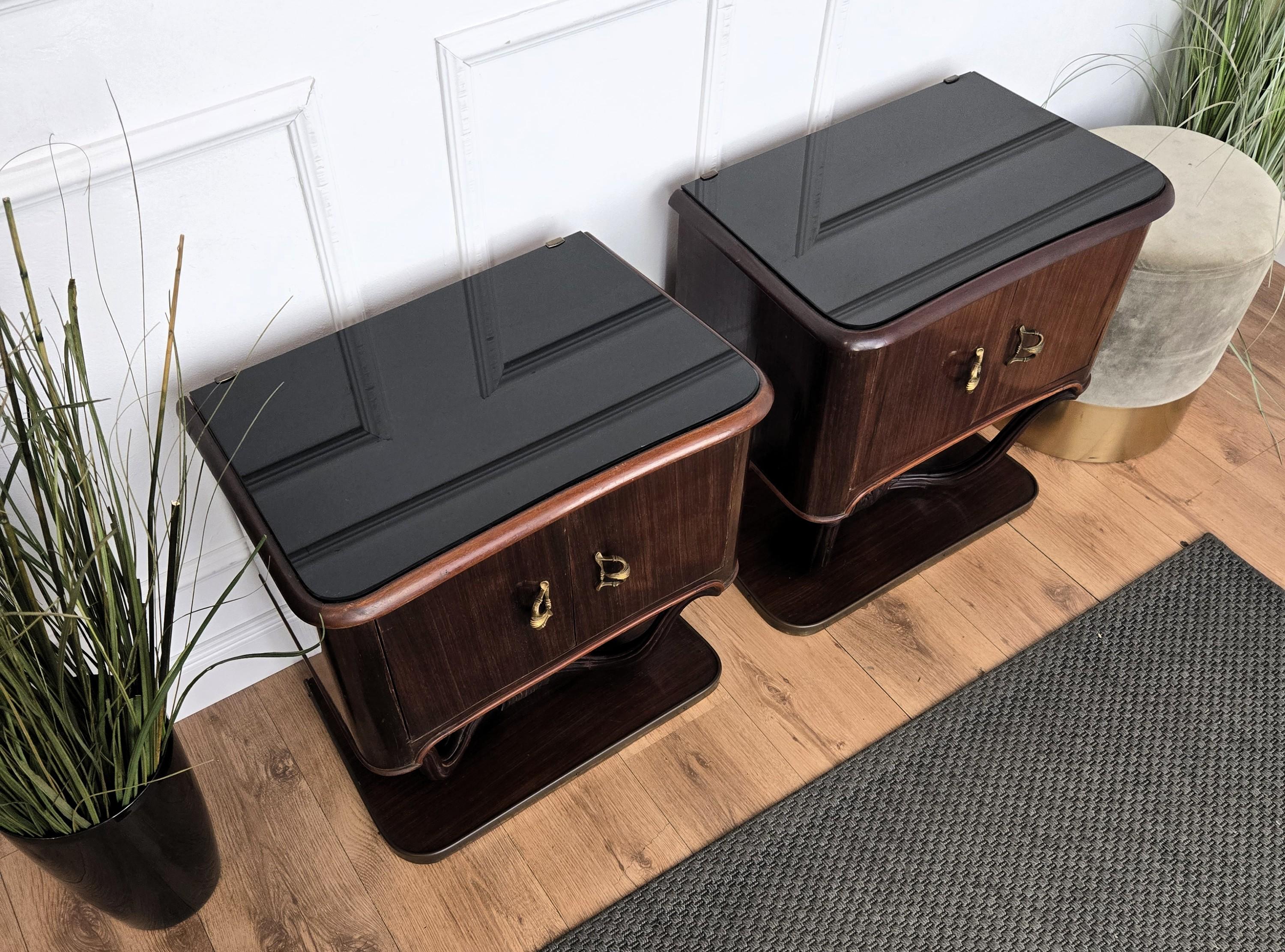 Brass Pair of Mid-Century Italian Liberty Night Stands Bedside Tables Walnut Glass Top For Sale