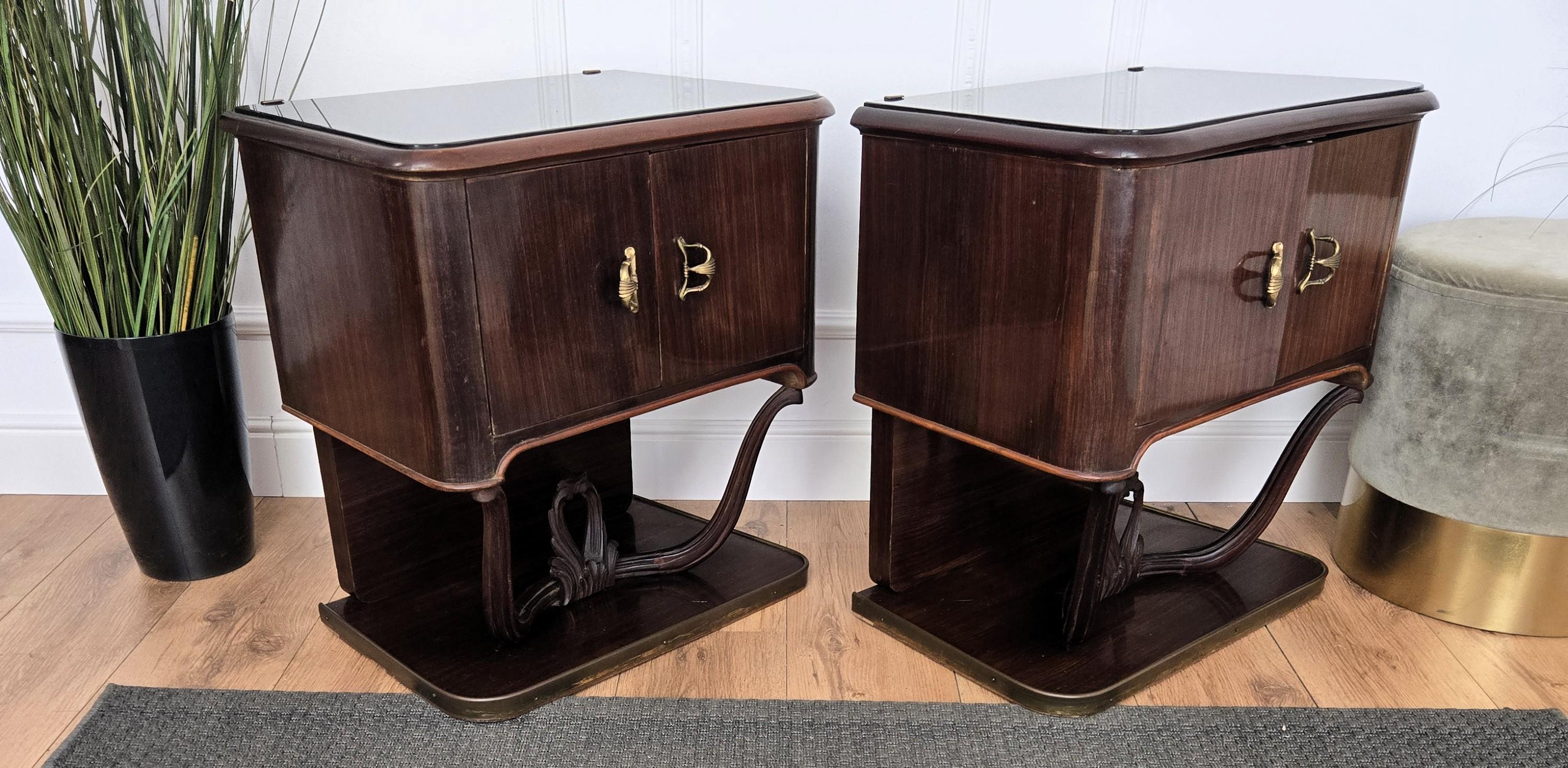 Pair of Mid-Century Italian Liberty Night Stands Bedside Tables Walnut Glass Top For Sale 2