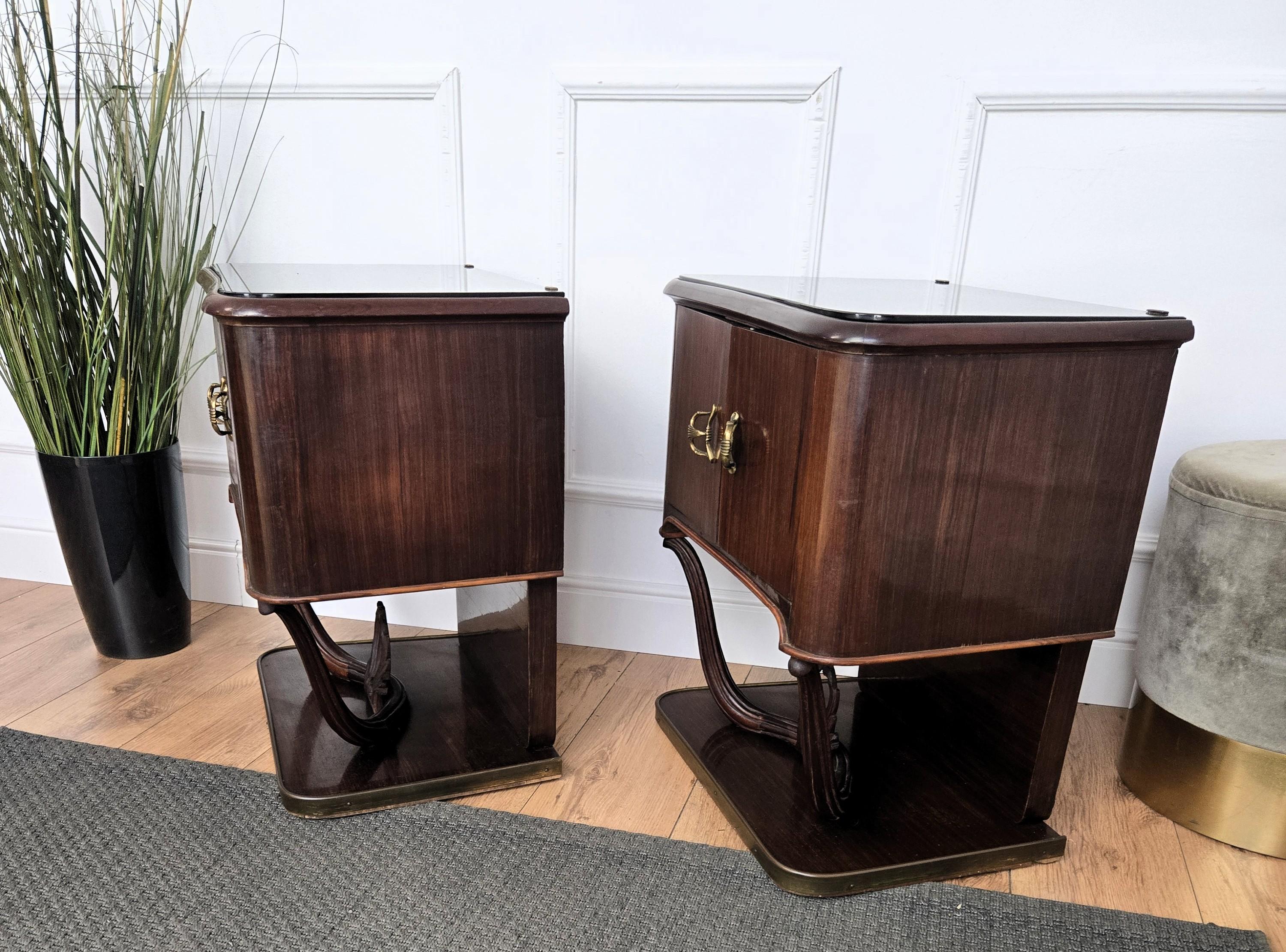 Pair of Mid-Century Italian Liberty Night Stands Bedside Tables Walnut Glass Top For Sale 3