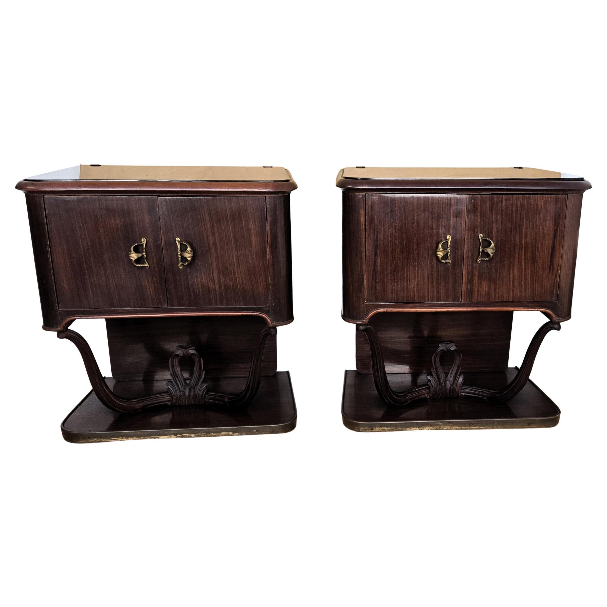 Pair of Mid-Century Italian Liberty Night Stands Bedside Tables Walnut Glass Top