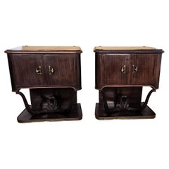 Pair of Mid-Century Italian Liberty Night Stands Bedside Tables Walnut Glass Top