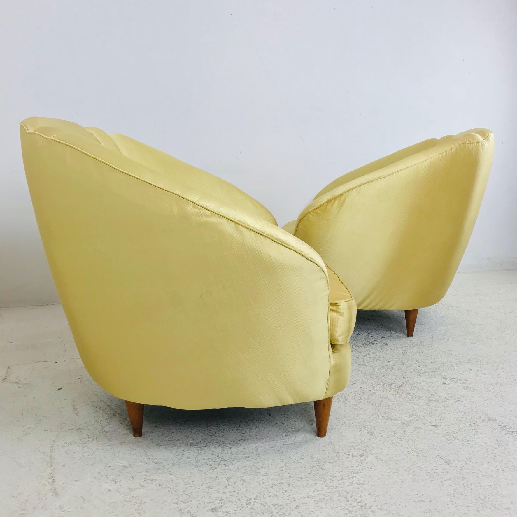 Fabric Pair of Midcentury Italian Lounge Chairs with Lotus Forms