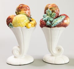 Pair of Mid-Century Italian Majolica Fruit Cornucopia Arrangements Centerpieces