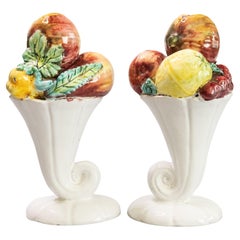 Pair of Mid-Century Italian Majolica Fruit Cornucopia Arrangements Centerpieces