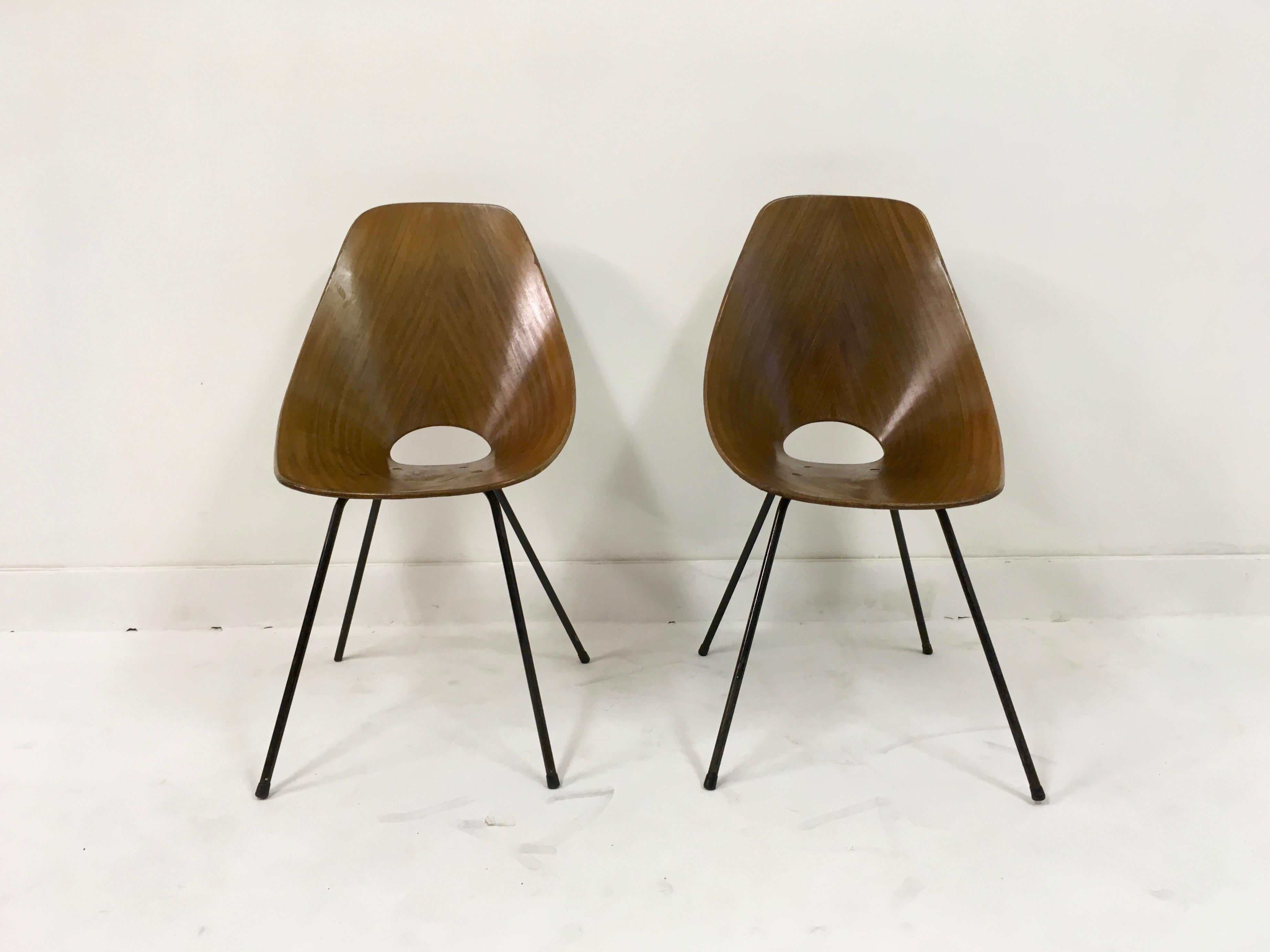 Teak Pair of Midcentury Italian Medea plywood chairs by Nobili, 1950s