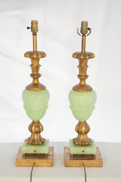 Pair of Mid-Century Italian Mint Green Alabaster and Giltwood Lamps