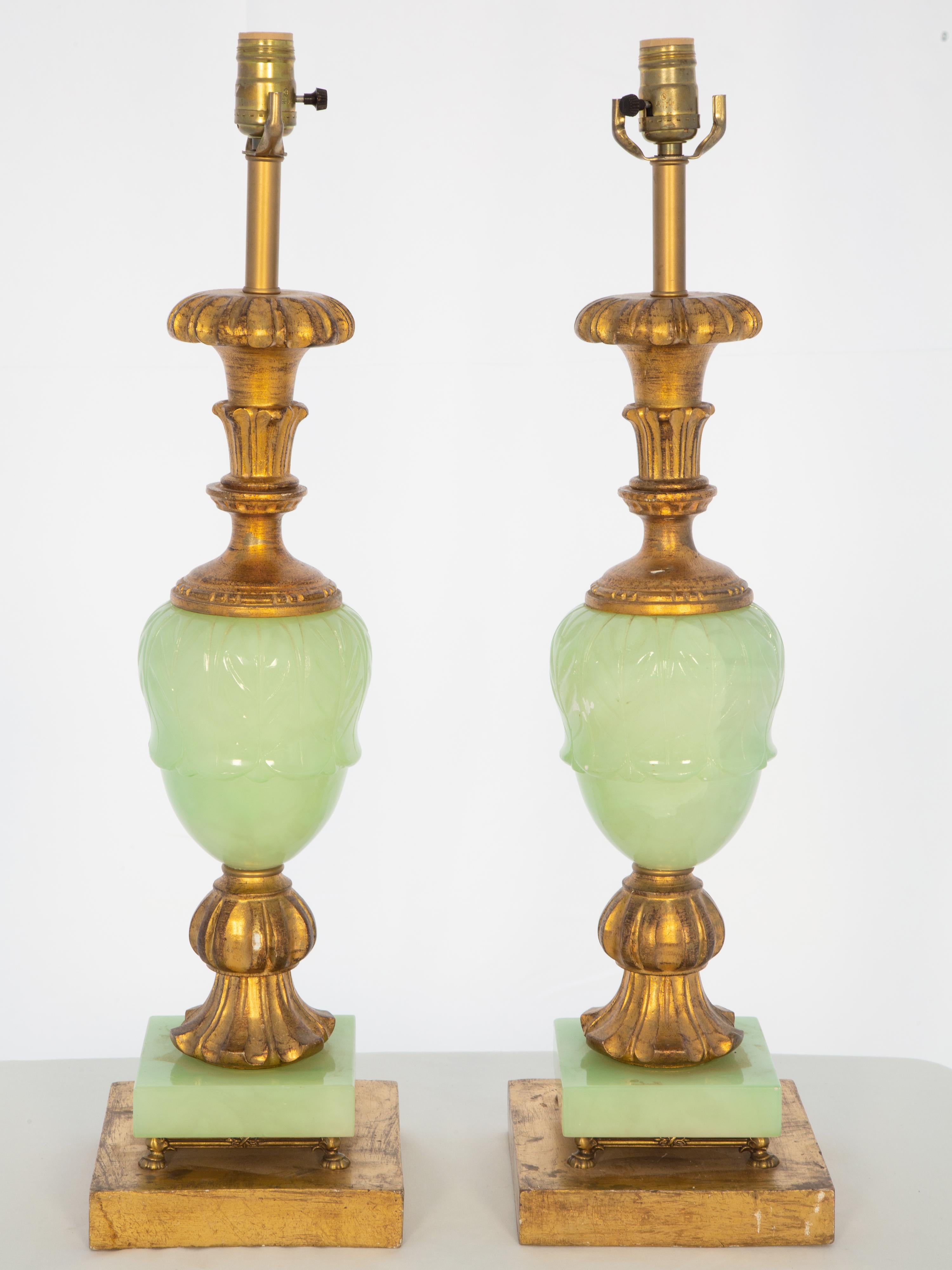 Pair of Mid-Century Italian Mint Green Alabaster and Giltwood Lamps In Fair Condition For Sale In West Palm Beach, FL