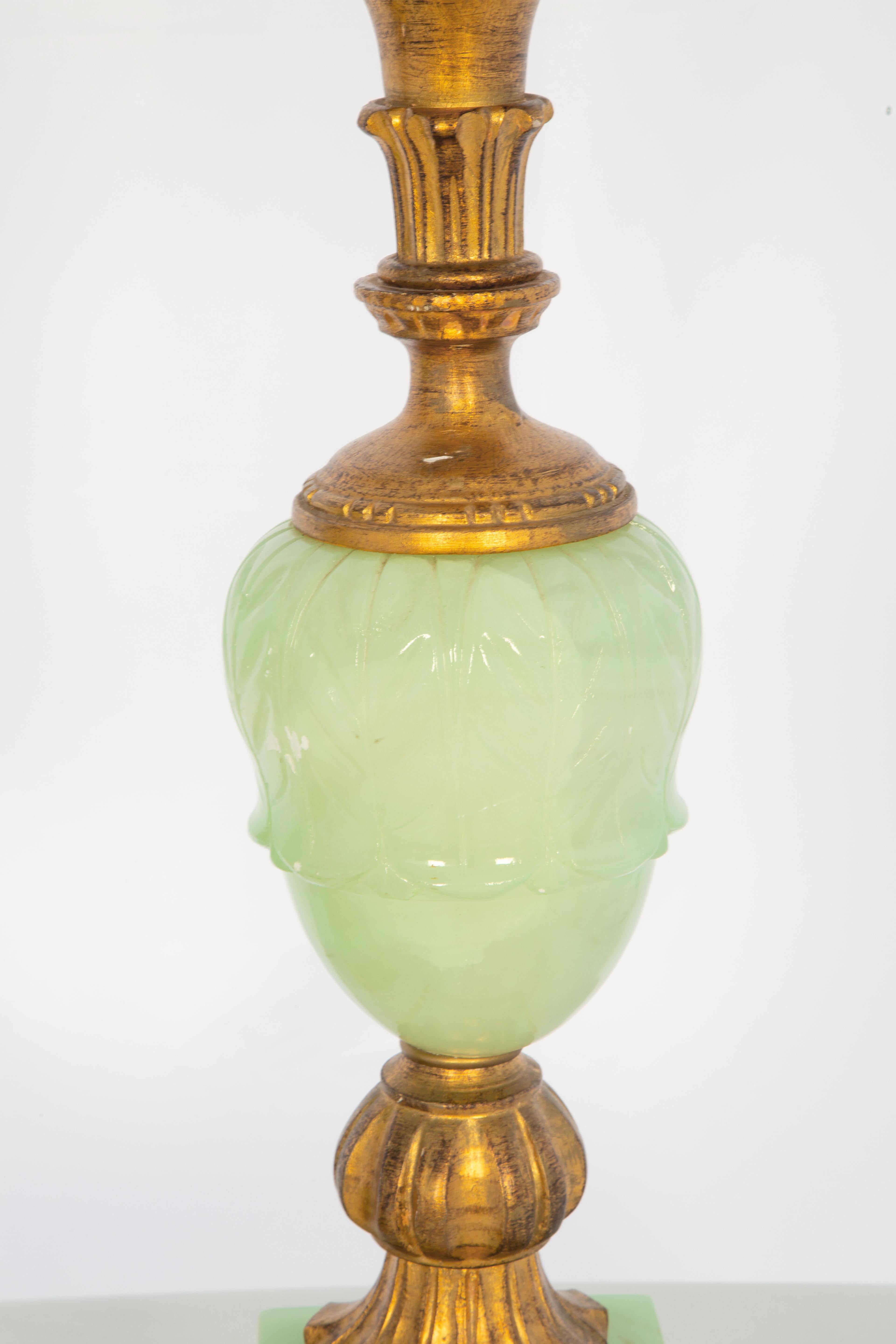 Mid-20th Century Pair of Mid-Century Italian Mint Green Alabaster and Giltwood Lamps For Sale