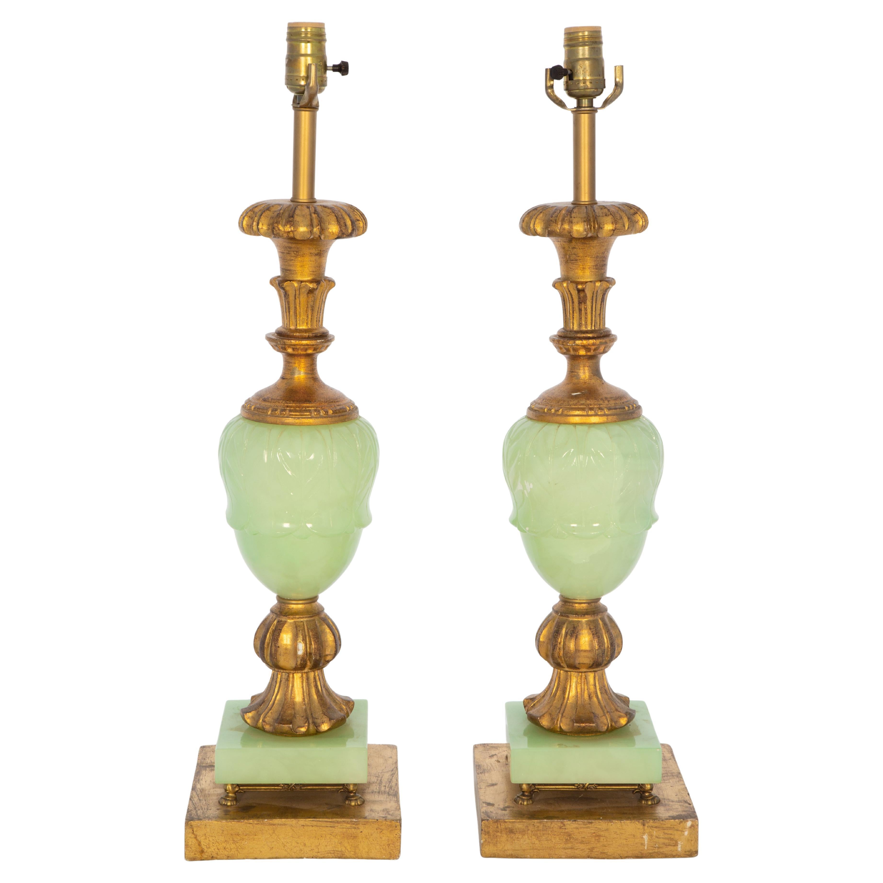 Pair of Mid-Century Italian Mint Green Alabaster and Giltwood Lamps For Sale