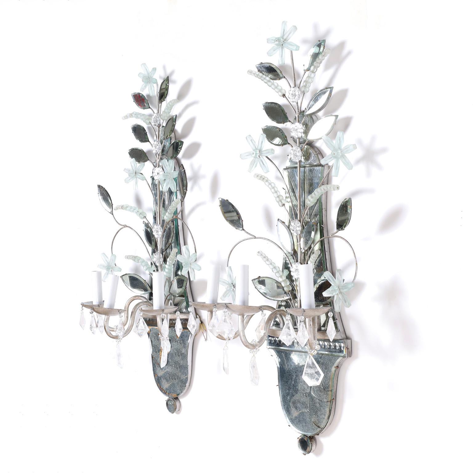 Regency Pair of Mid-Century Italian Mirrored Wall Sconces with Rock Crystals For Sale