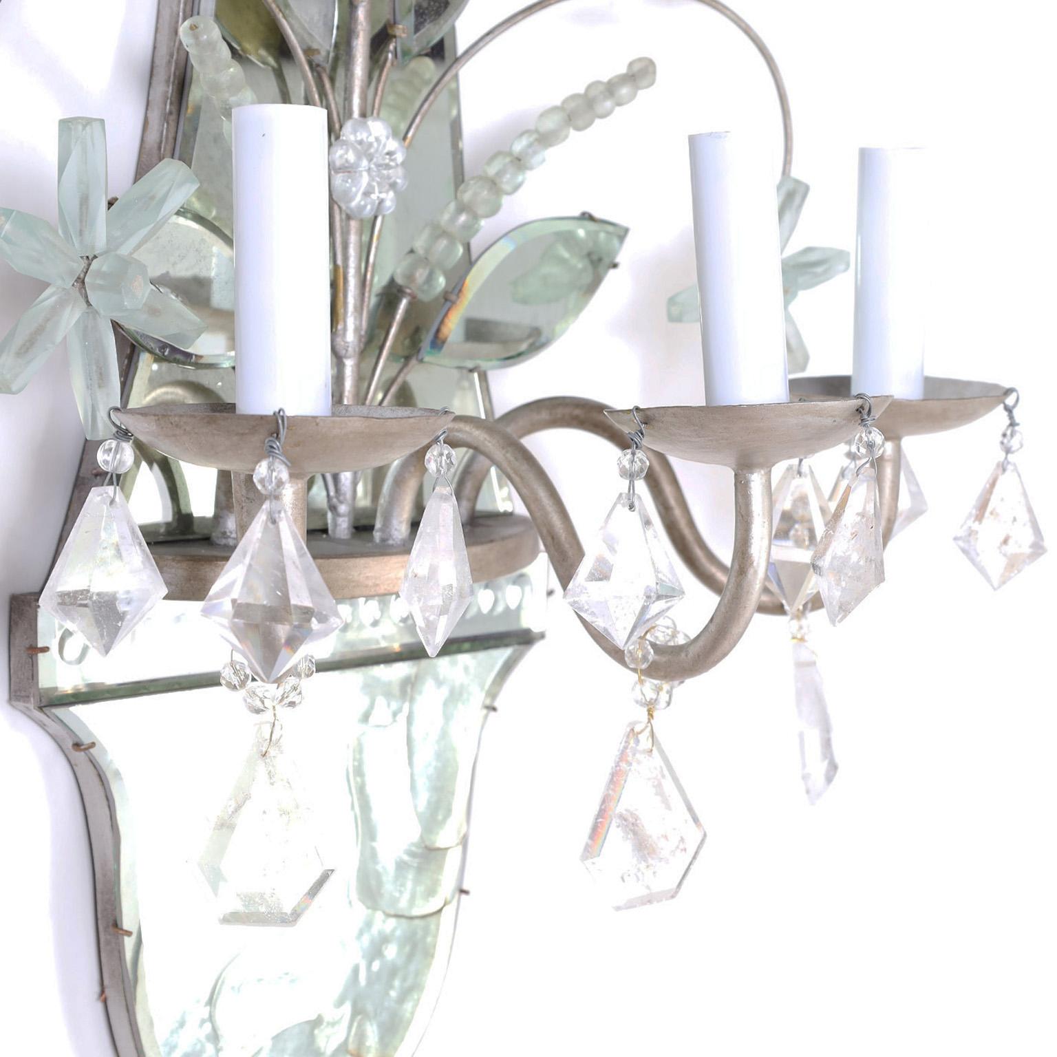 Pair of Mid-Century Italian Mirrored Wall Sconces with Rock Crystals For Sale 2