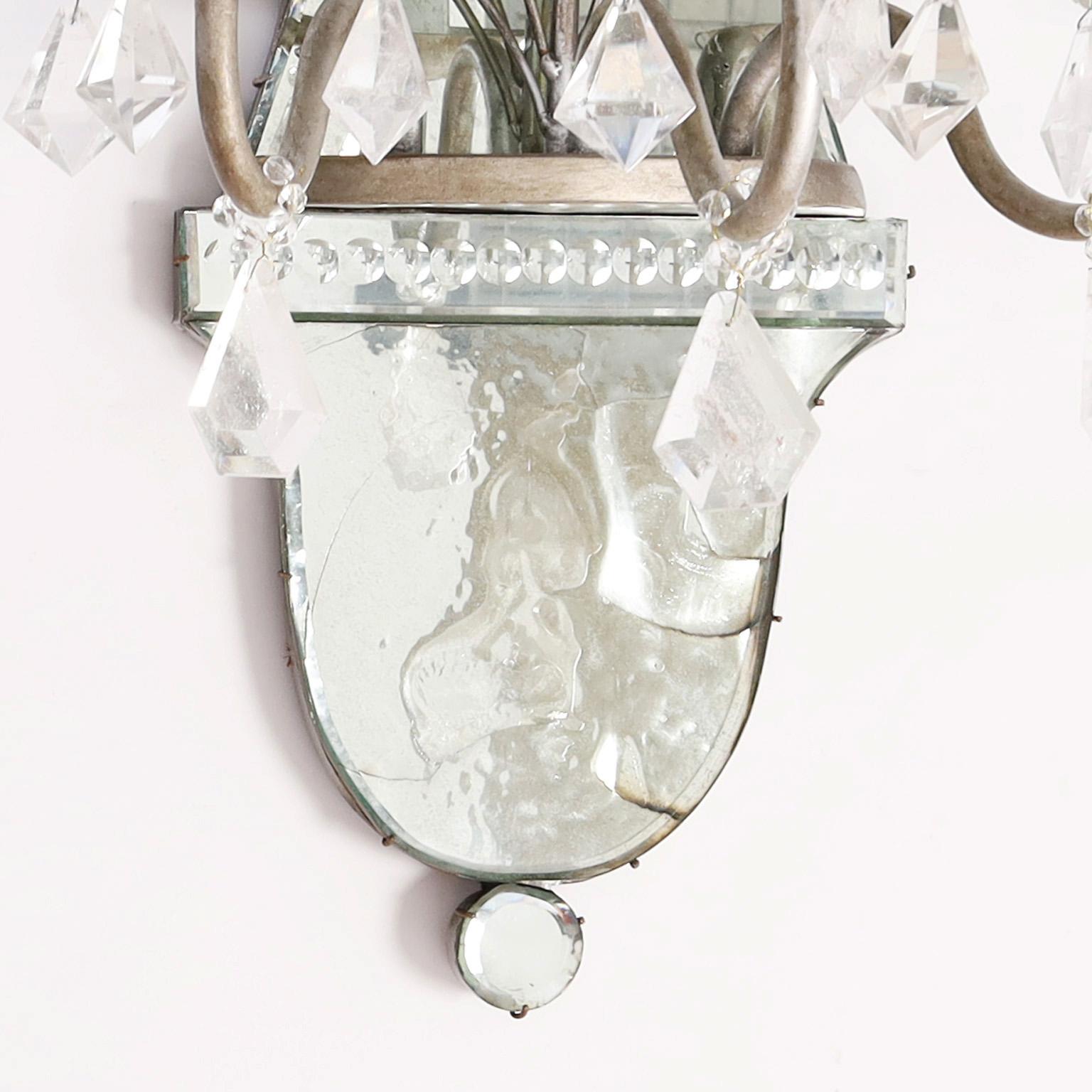 Pair of Mid-Century Italian Mirrored Wall Sconces with Rock Crystals For Sale 3