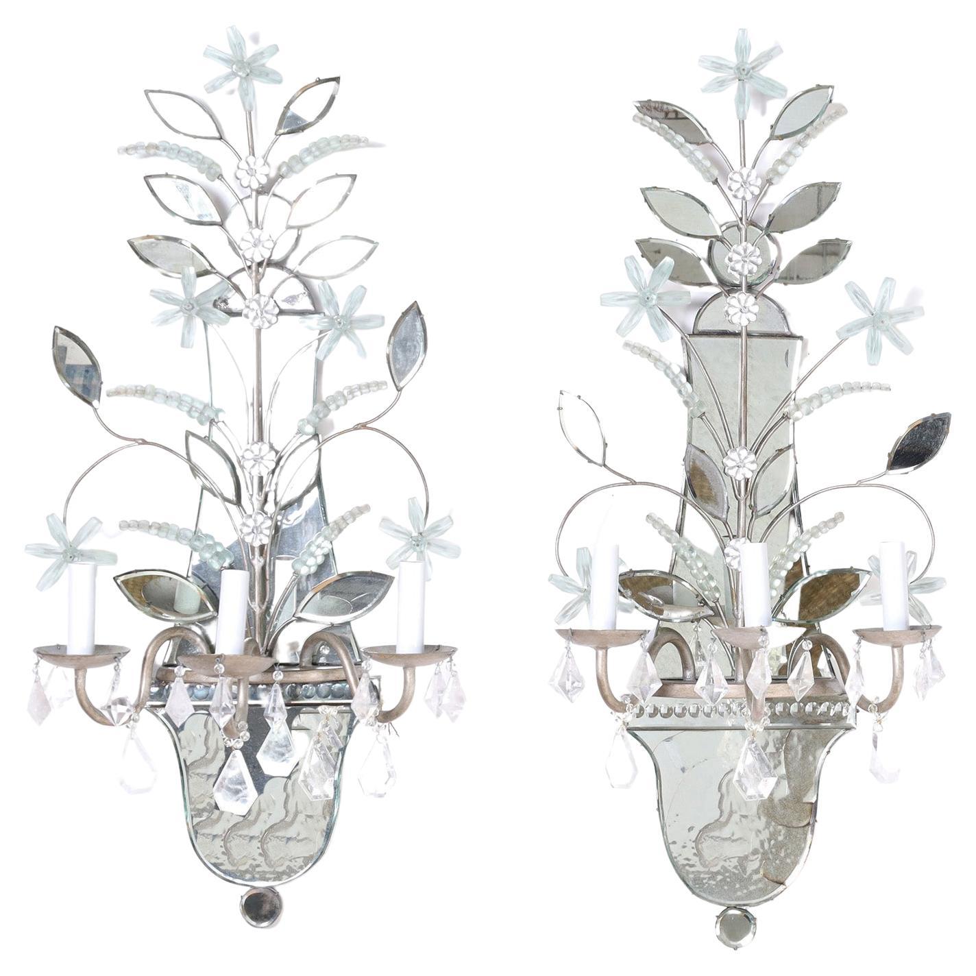 Pair of Mid-Century Italian Mirrored Wall Sconces with Rock Crystals For Sale