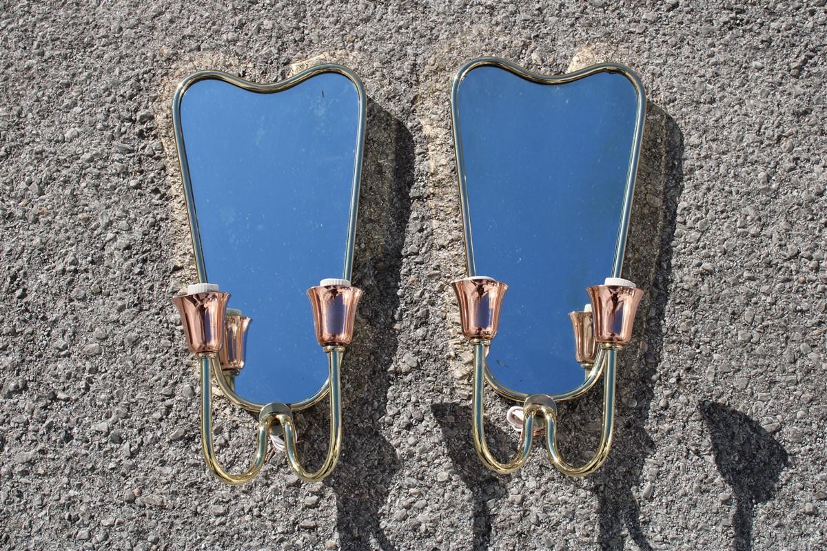 Mid-Century Modern Pair of Mid-Century Italian Mirrors with Lights Gold Brass Gio Ponti Style