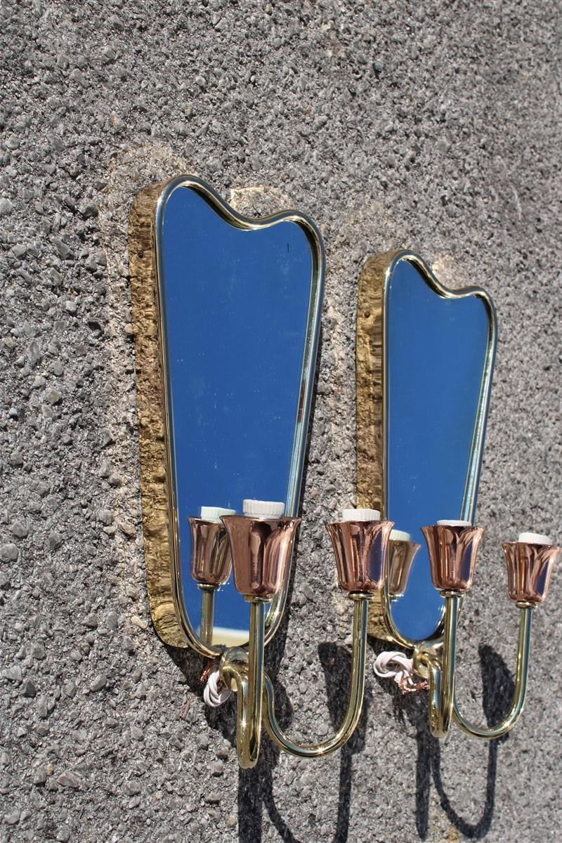 Pair of Mid-Century Italian Mirrors with Lights Gold Brass Gio Ponti Style 2