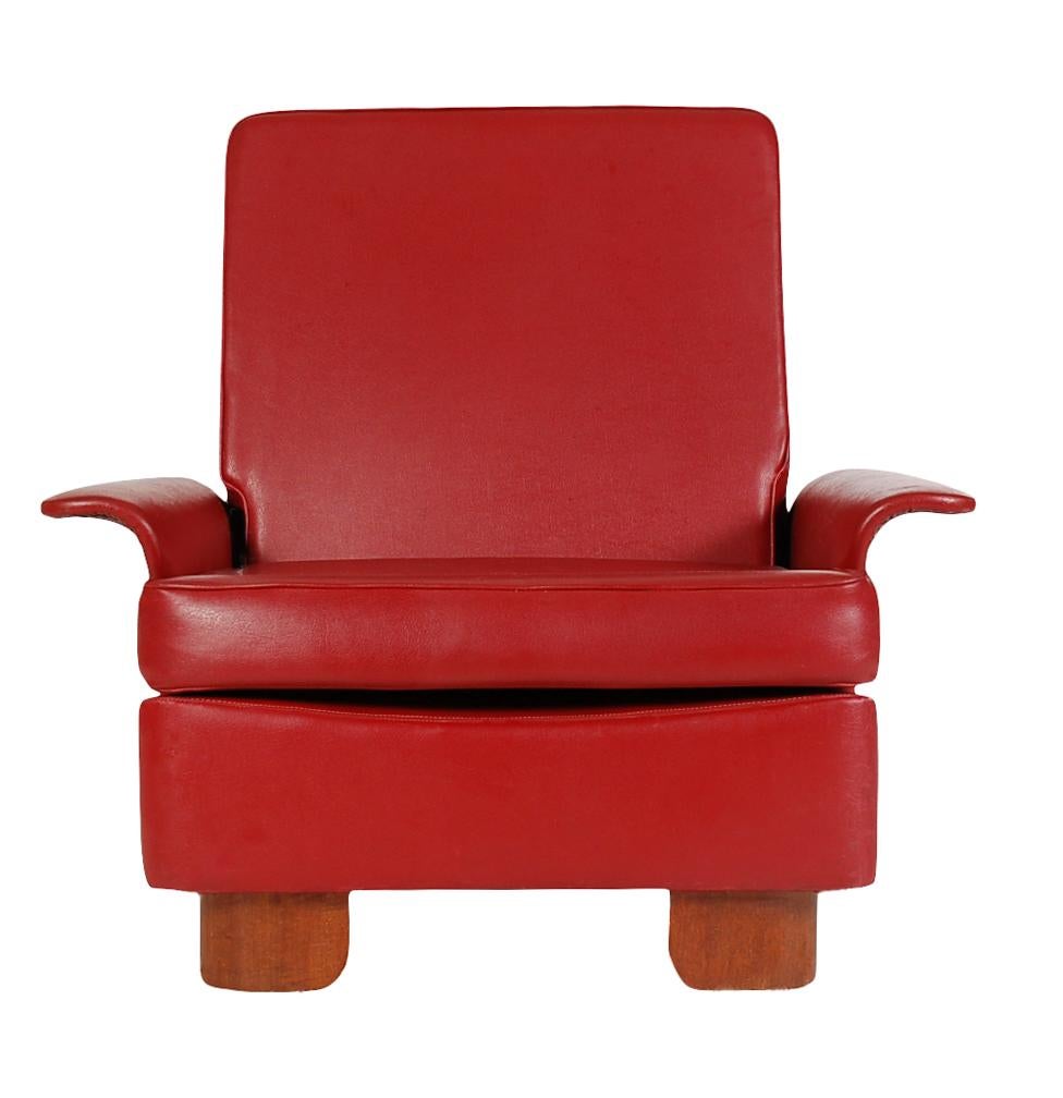Naugahyde Pair of Midcentury Italian Modern Art Deco Lounge or Club Chairs in Red For Sale