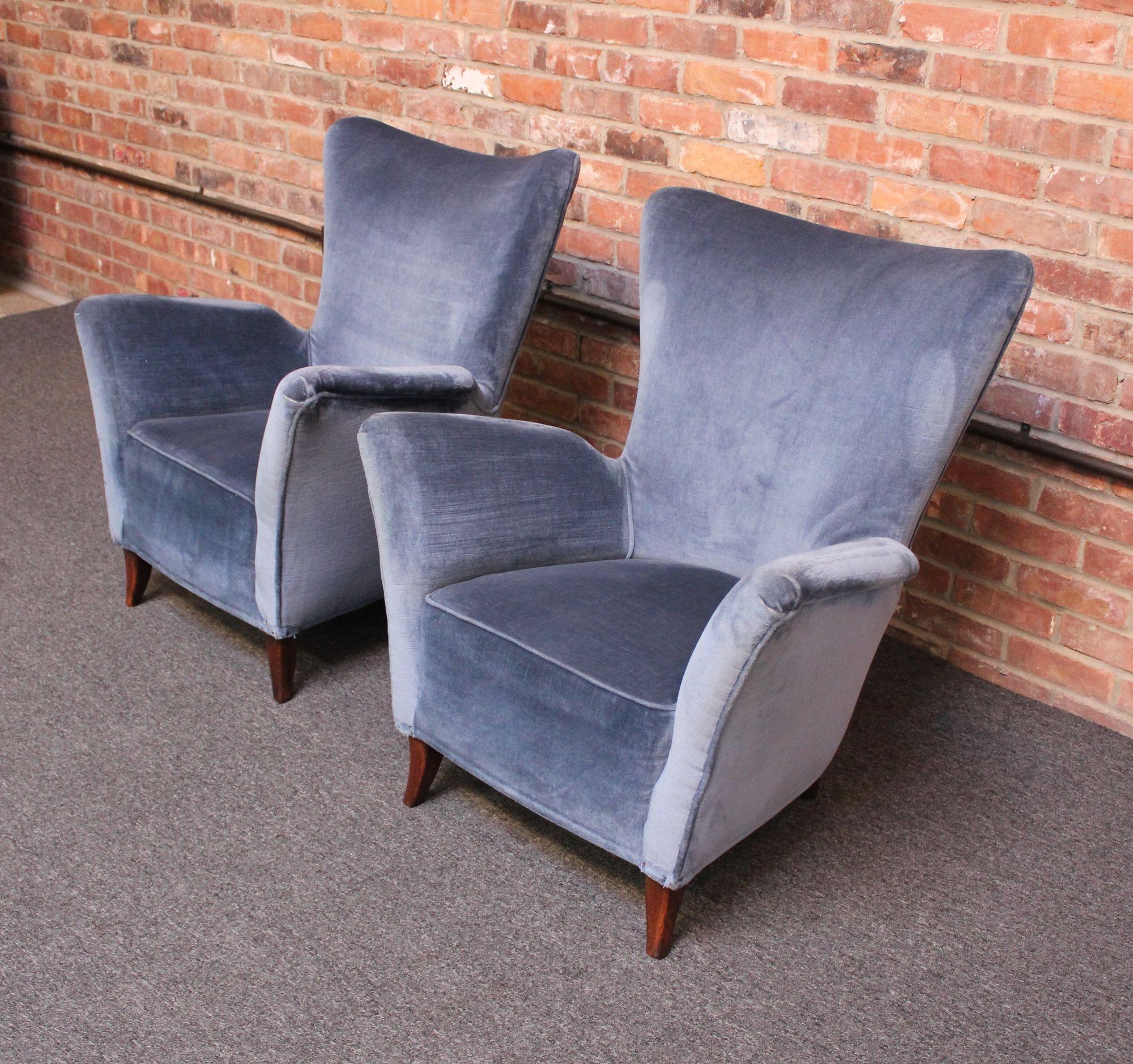 Stained Pair of Mid-Century Italian Modern Blue Velvet Sculptural Wingback Lounge Chairs For Sale