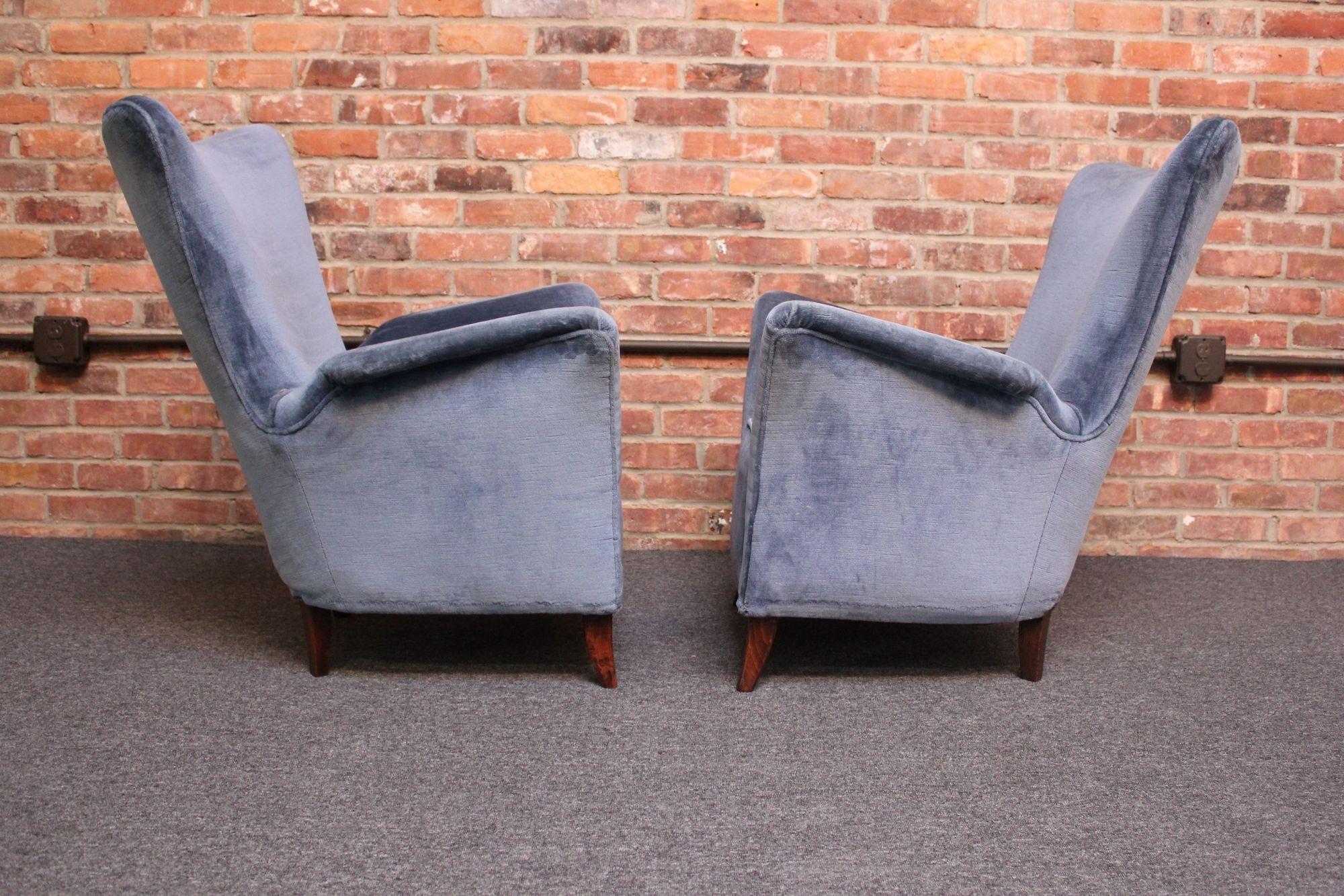 Pair of Mid-Century Italian Modern Blue Velvet Sculptural Wingback Lounge Chairs For Sale 12